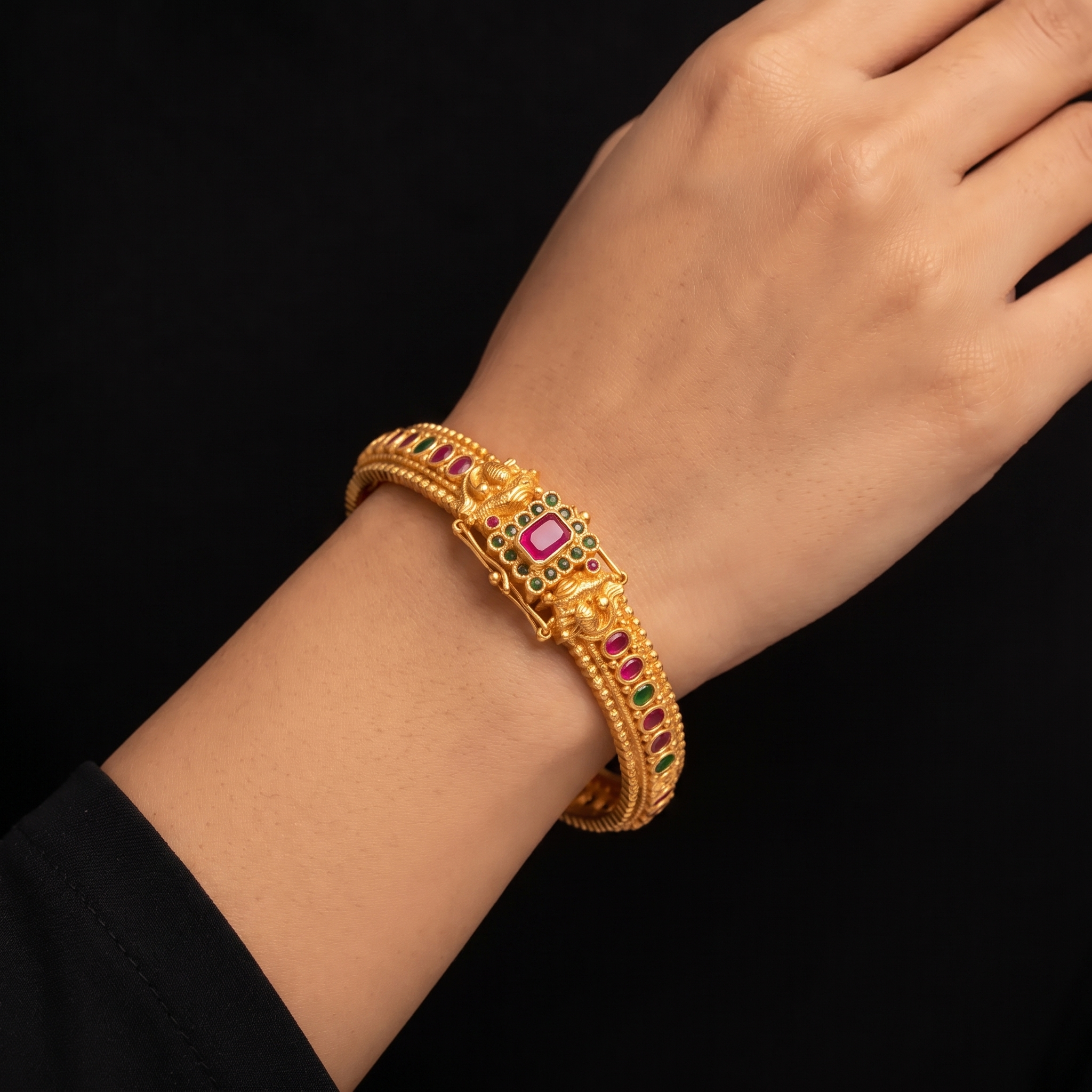 Deep Red Bar Antique Pair Stone Gheru Sreshta Bangle Gold Layered