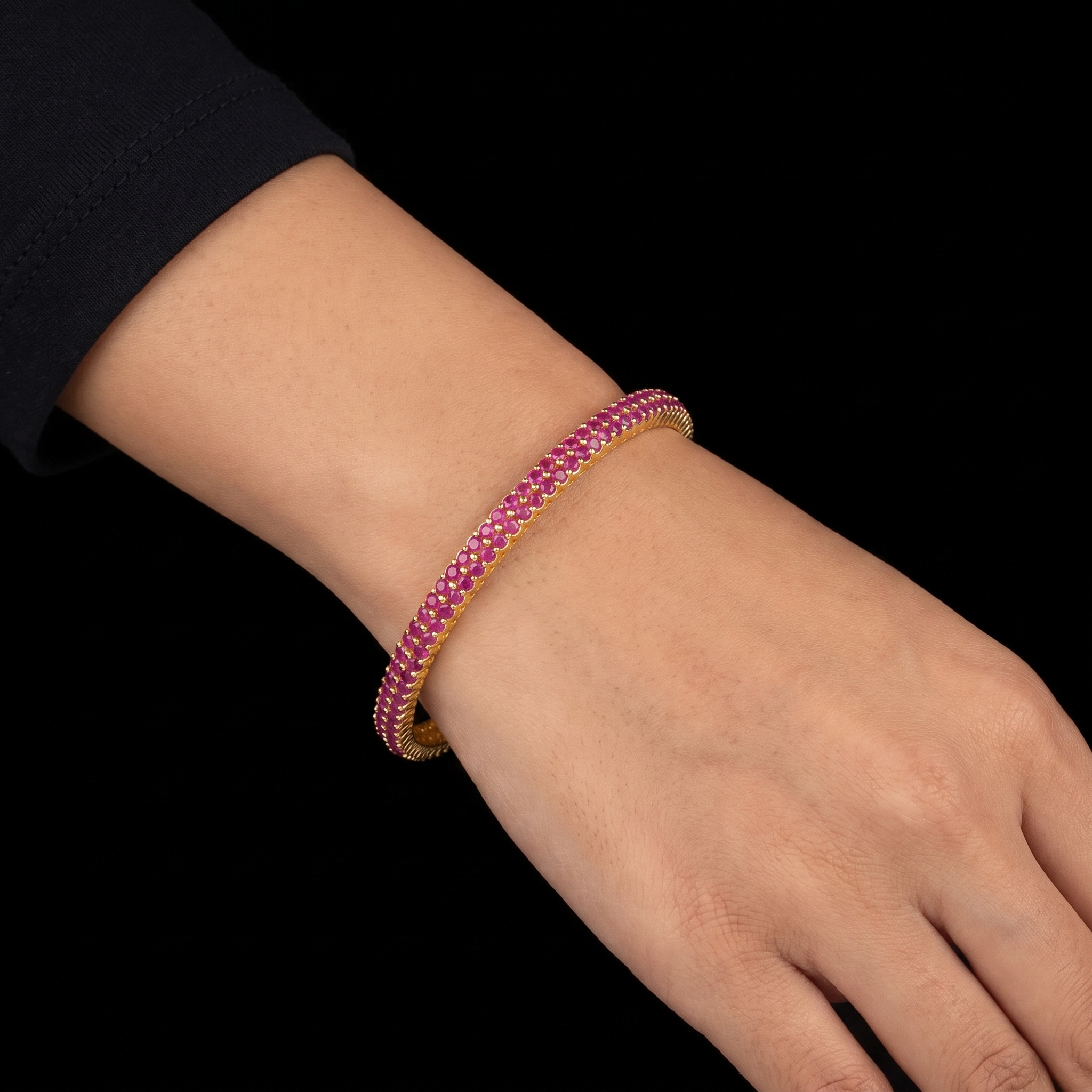 Red Twin Bead Row Stone Bangle Gold Layered