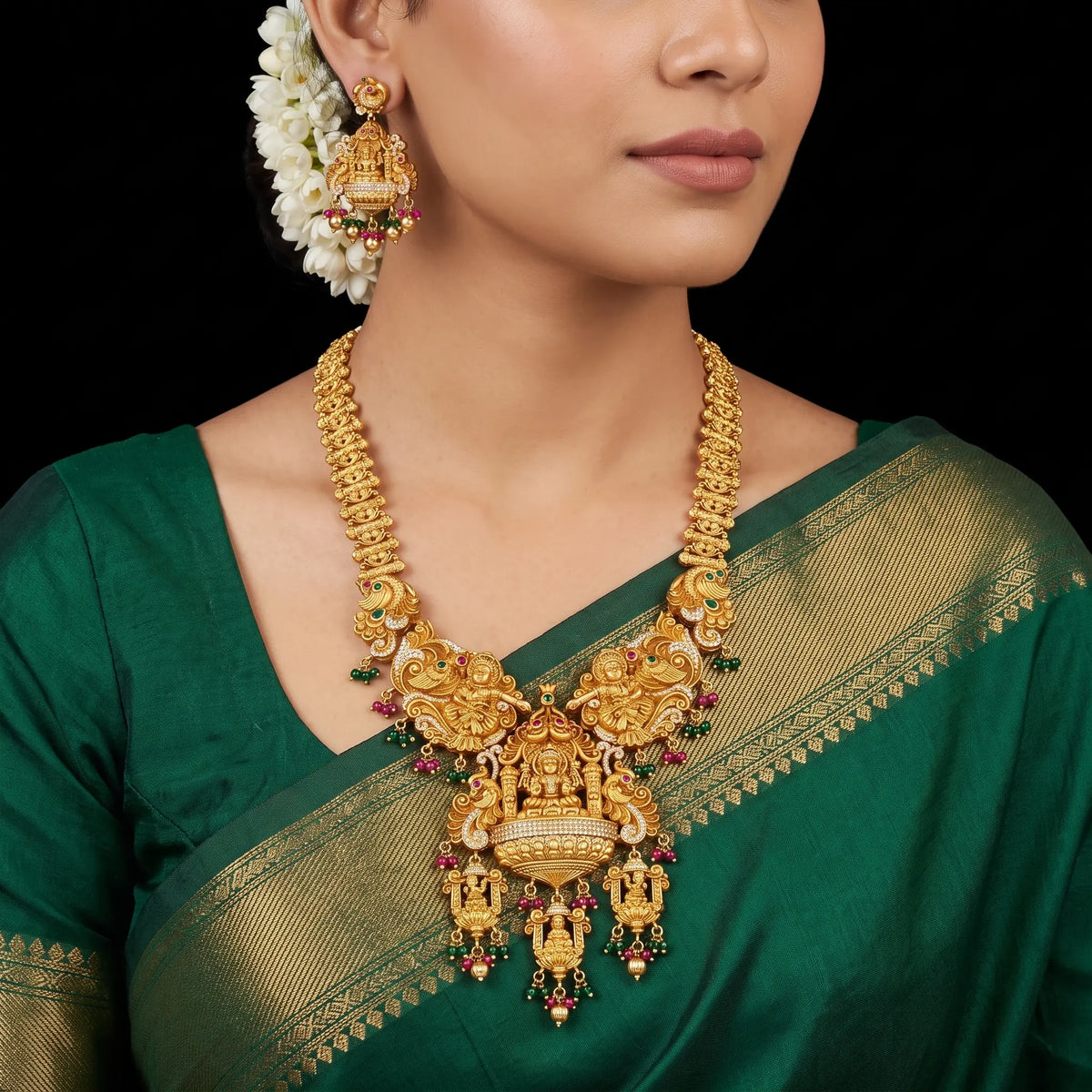 Temple Pendant Coin Haram Sreshta Necklace Set Long Gold Layered – Antique Finish, Temple Work, Green – product view 2