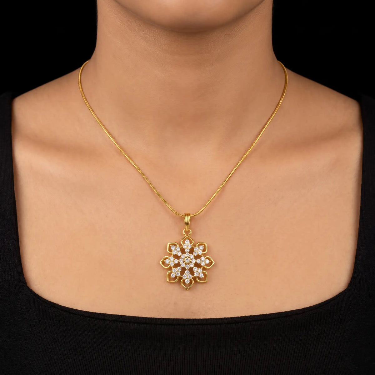 CZ Snowflake Pave Cluster Pendant with Chain Gold Layered