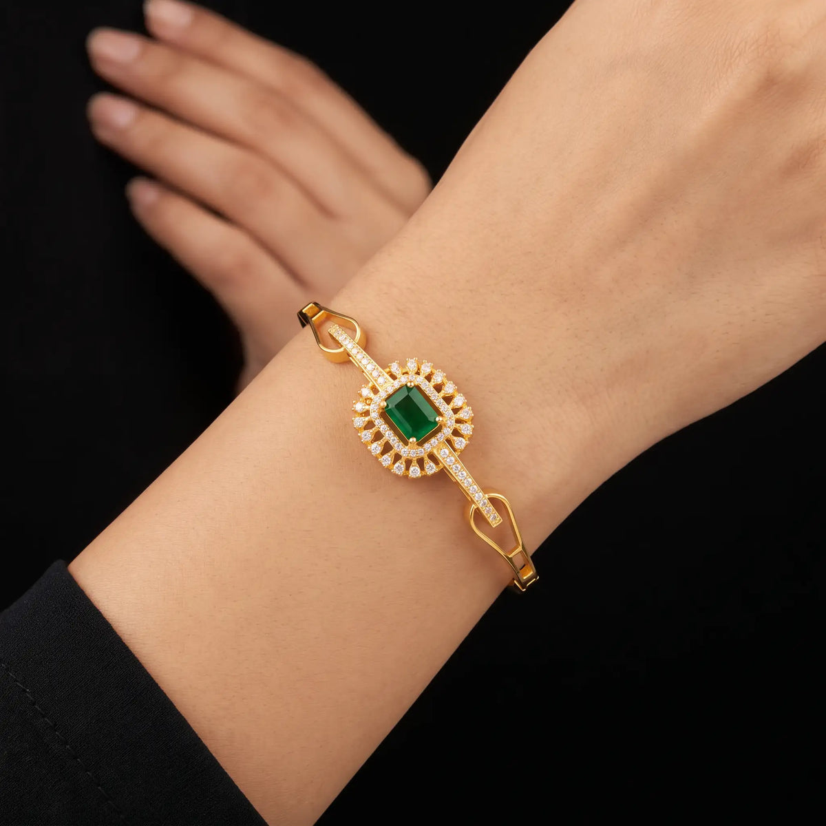 Emerald Colour CZ Halo Solitaire Openable Bracelet Gold Layered