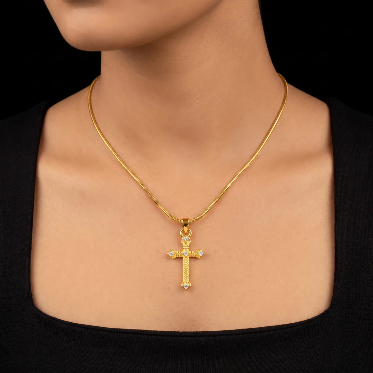 CZ Rope Edge Cross Pendant with Chain Gold Layered