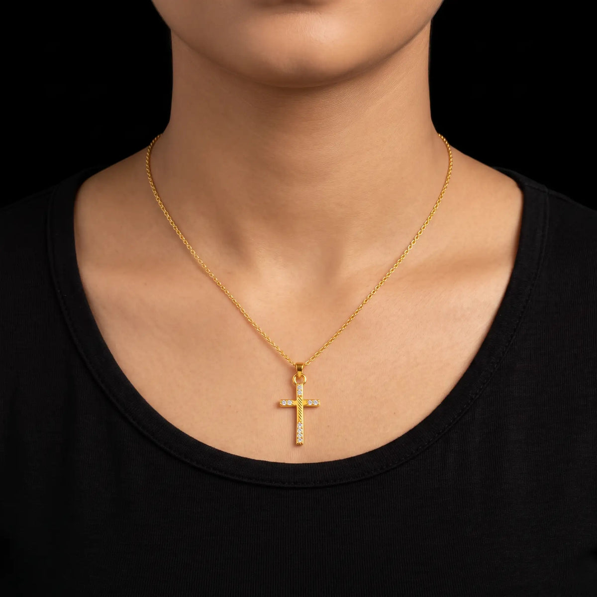 CZ Diagonal Rail Cross Pendant with Chain Gold Layered