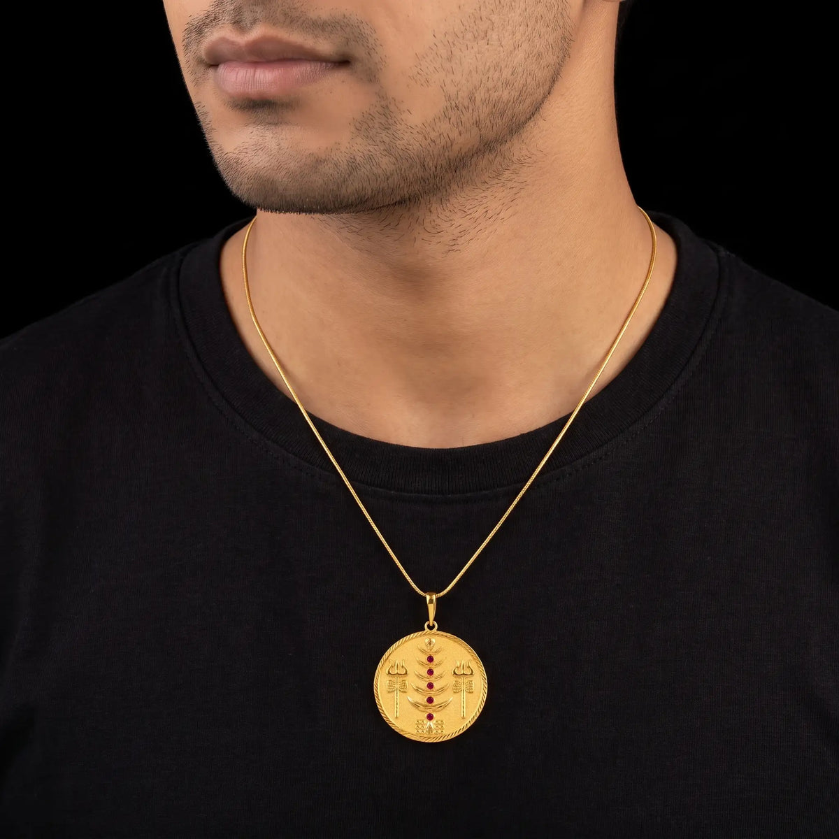 Gents Ruby Trishul Coin Medallion Pendant with Chain Gold Layered