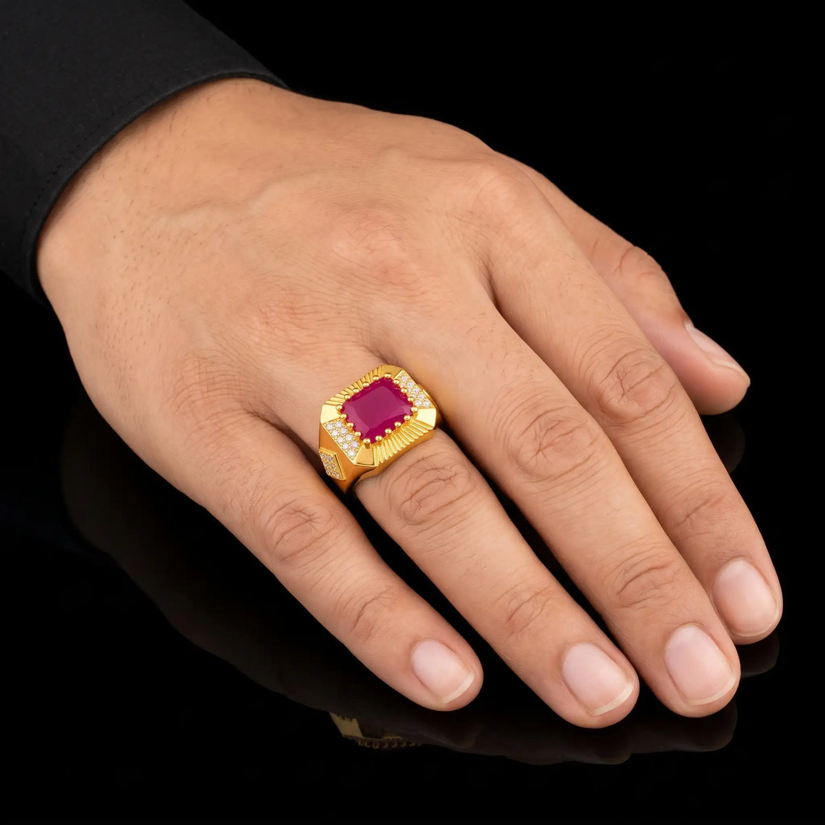 Gents Ruby Colour Radiant Signet Ring Gold Layered