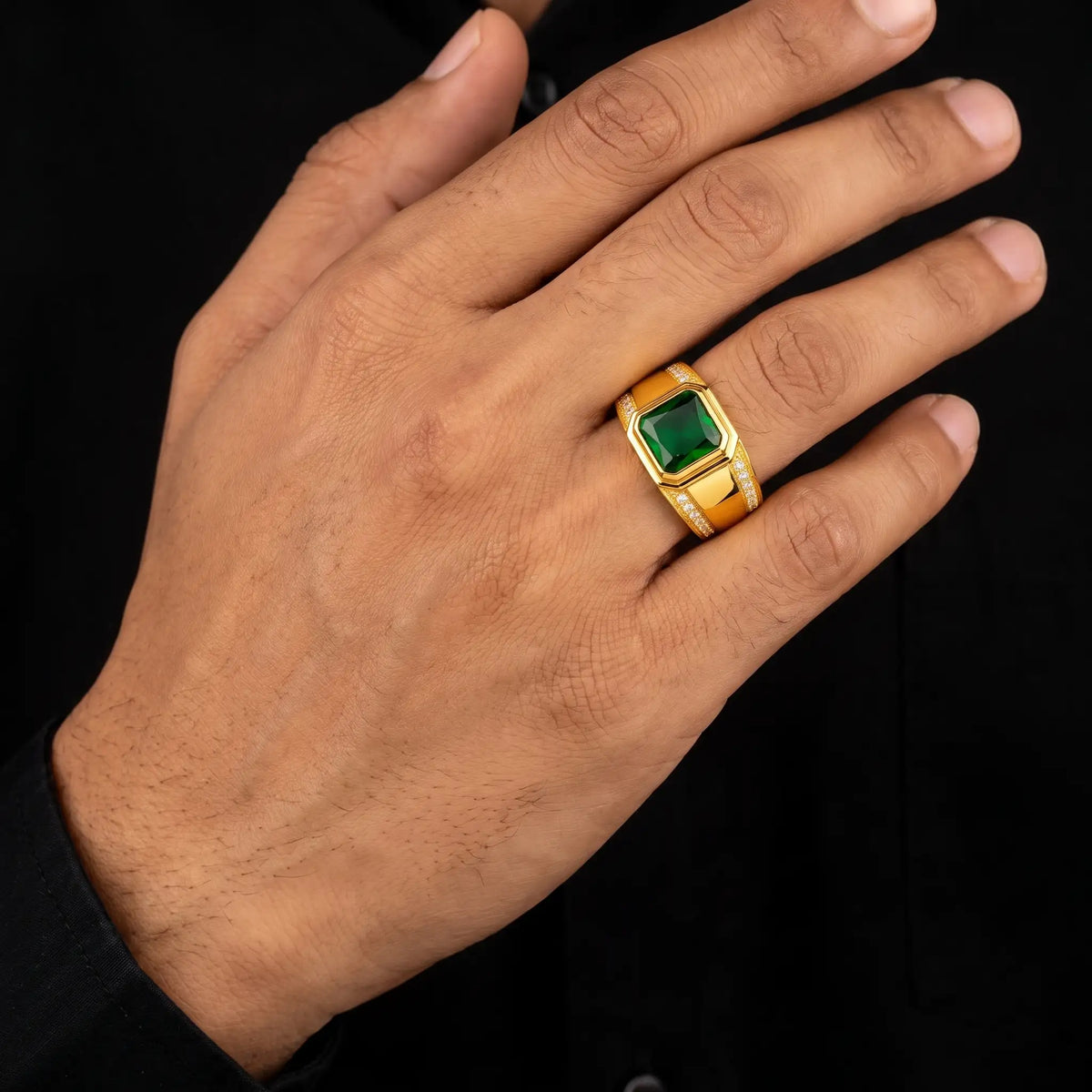Gents Emerald Colour Bezel Signet Ring Gold Layered