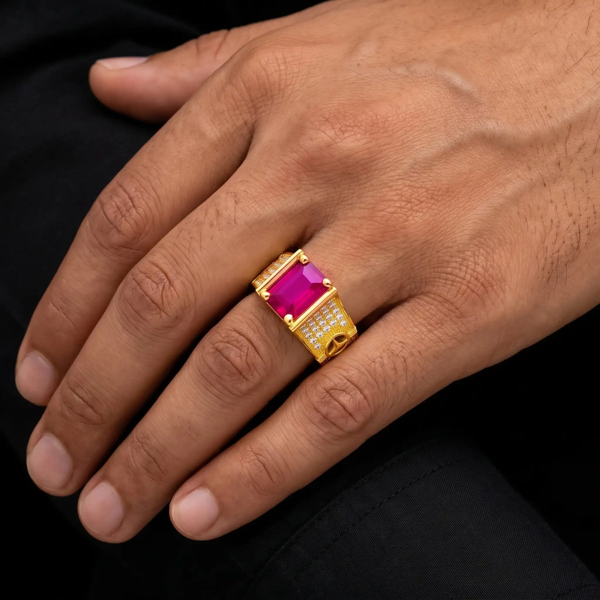 Gents Ruby Colour Solitaire Pave Signet Ring Gold Layered