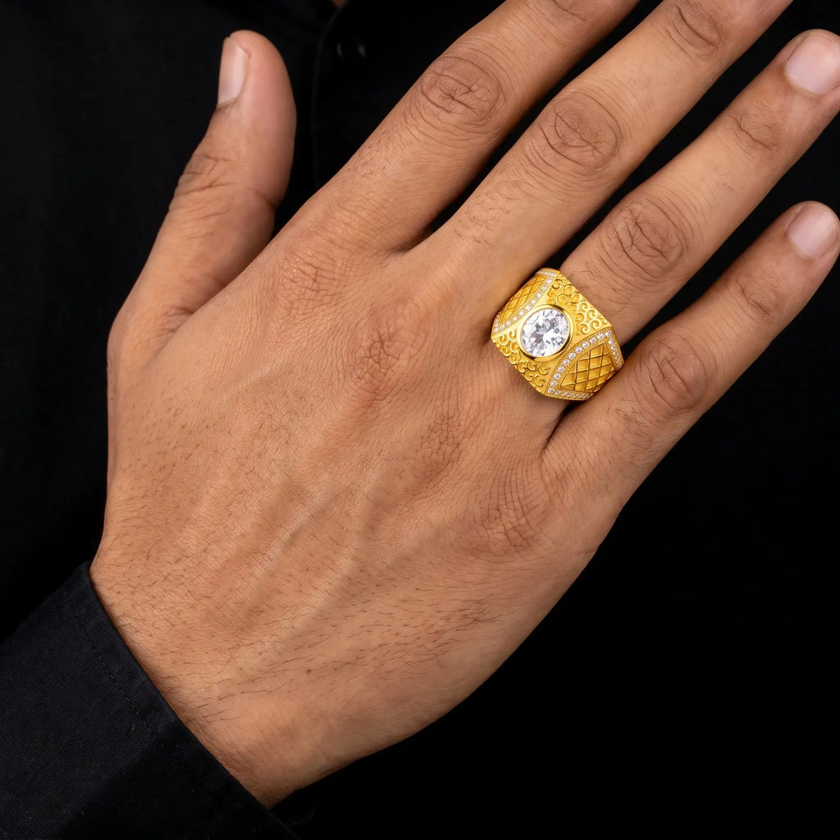 Gents CZ Oval Lattice Scroll Band Ring Gold Layered