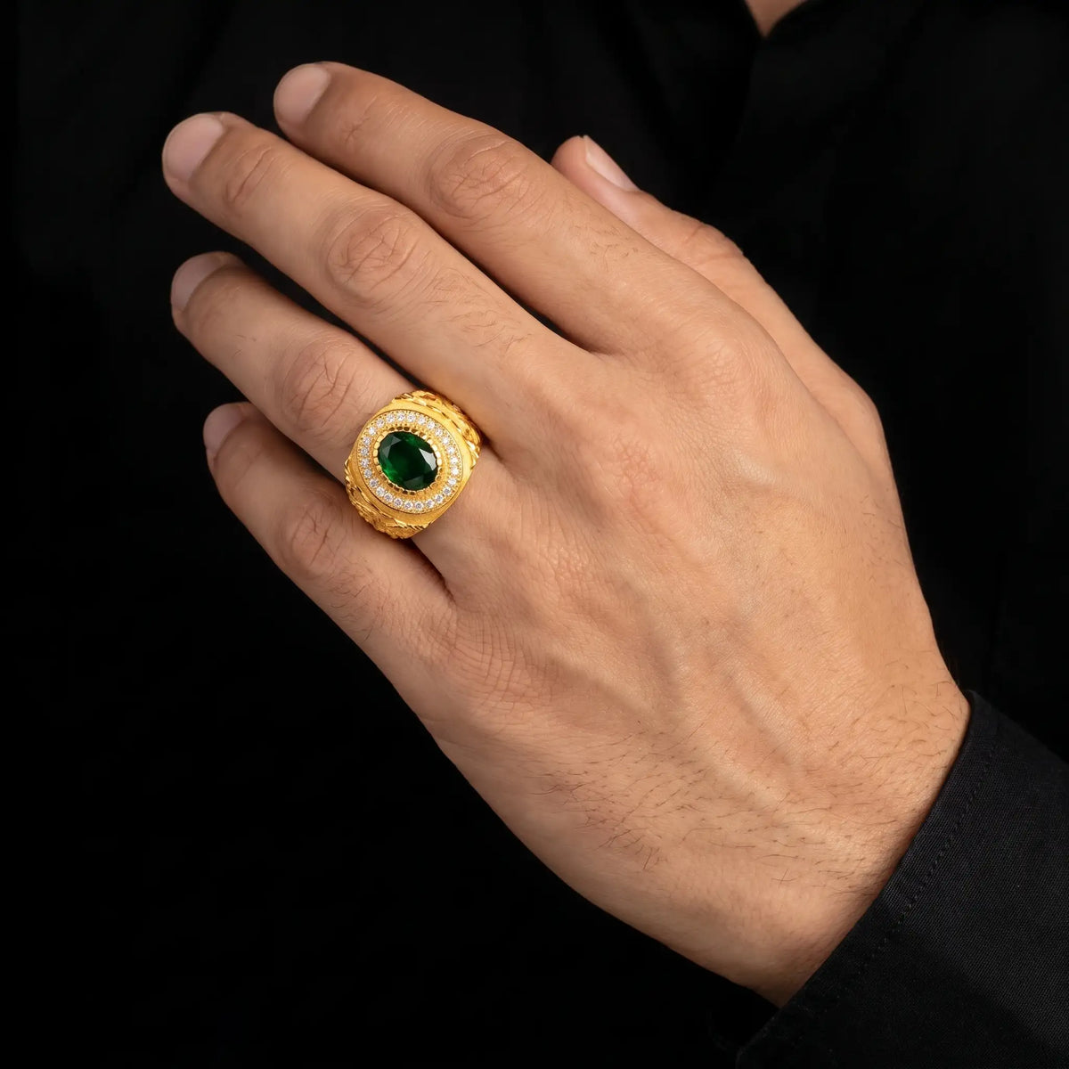 Gents Emerald Colour Oval Halo Engraved Signet Ring Gold Layered