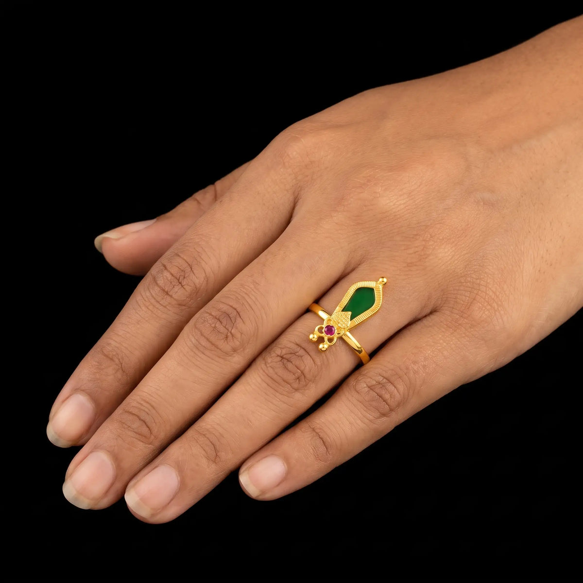 Traditional Nagapadam Green Stone Adjustable Ring Gold Layered