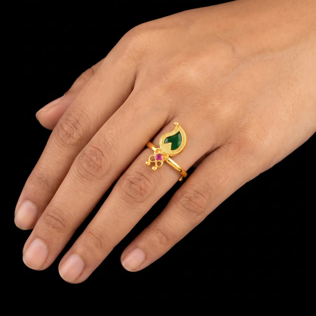 Traditional Palakka Manga (Mango) Green Stone Adjustable Ring Gold Layered