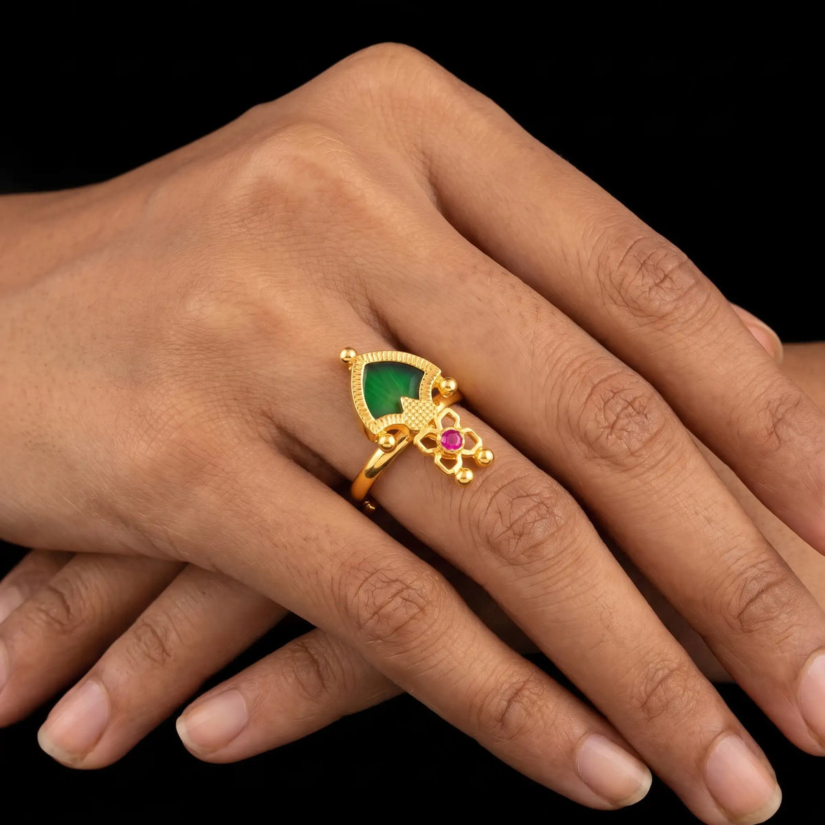 Traditional Palakka Green Stone Adjustable Rng Gold Layered