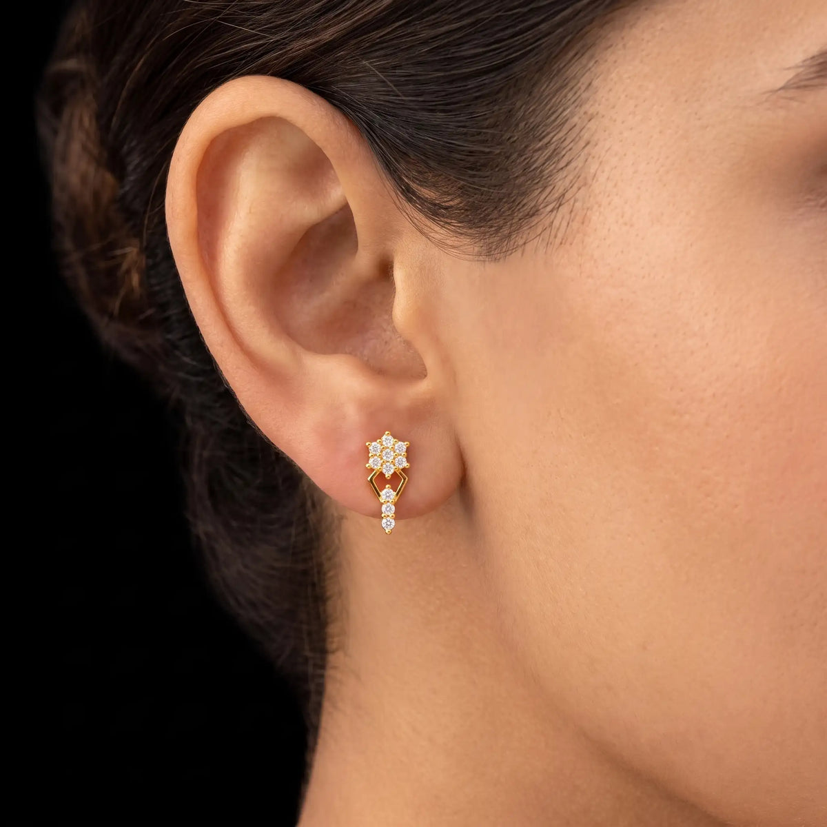 CZ Floret Diamond Drop Hanging Stud Gold Layered
