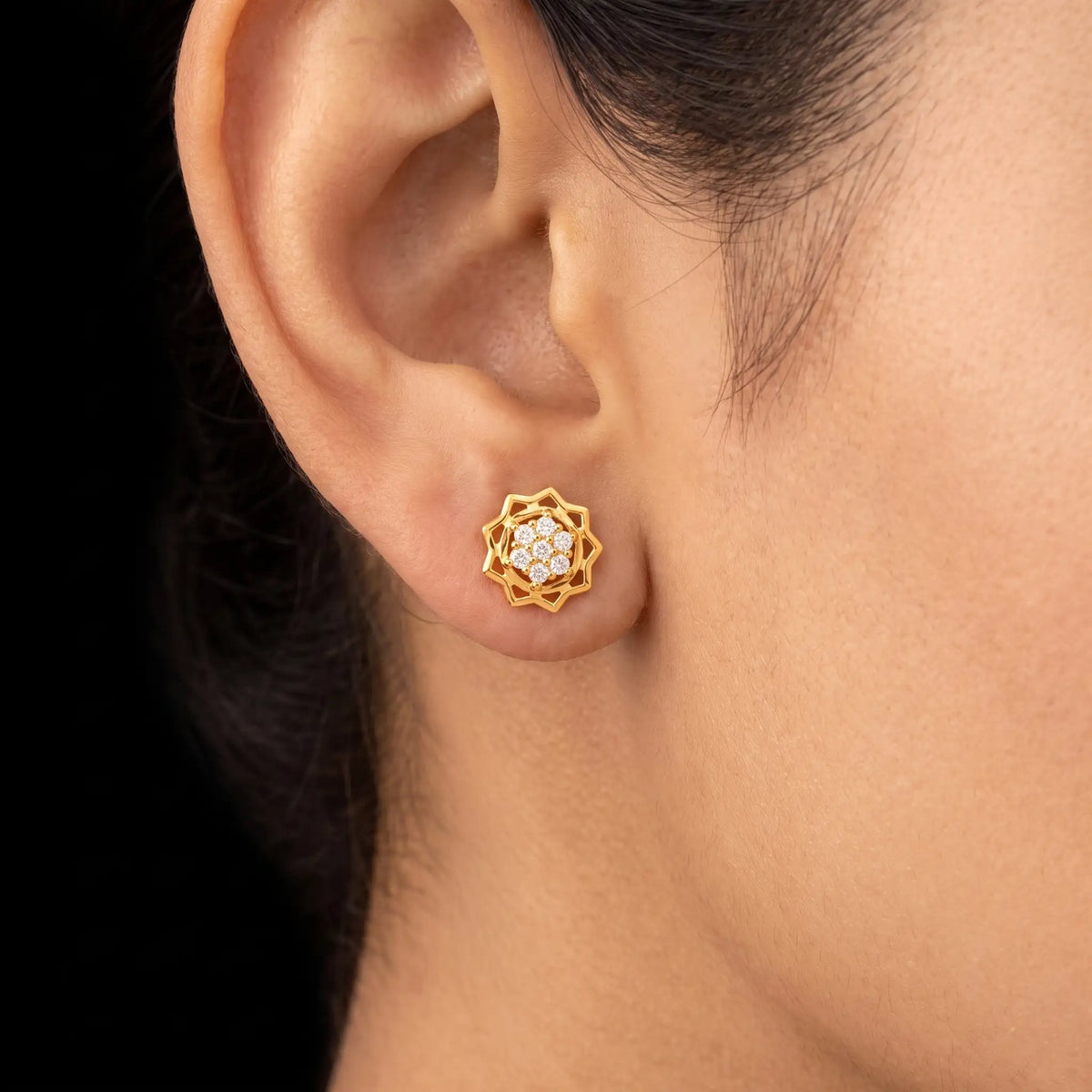 CZ Lotus Open Frame Cluster Stud Gold Layered