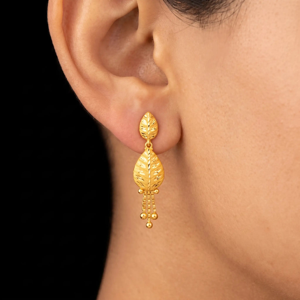 Leaf Engraved Twin Drop Fringe Hanging Stud Gold Layered