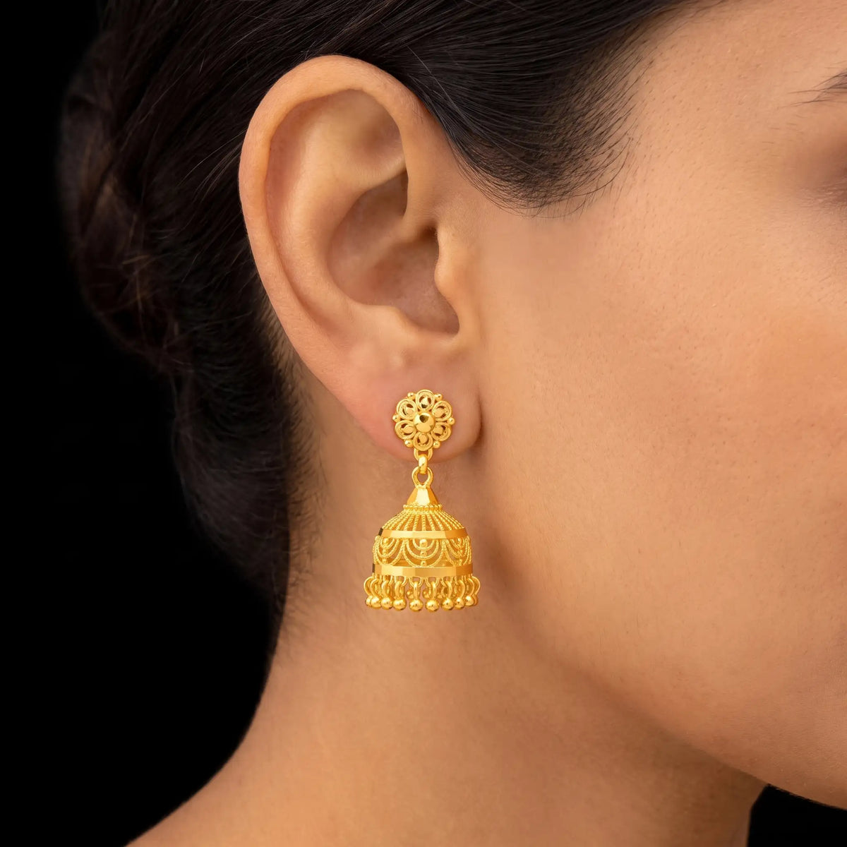 Floret Top Dome Fringe Jhumka Gold Layered