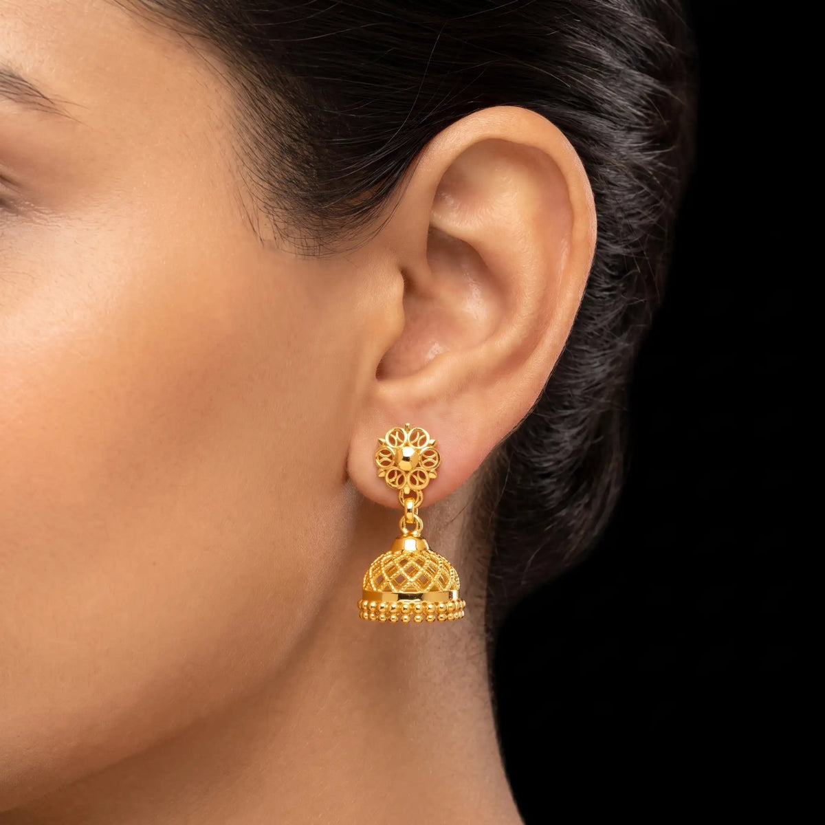 Floret Top Lattice Dome Jhumka Gold Layered