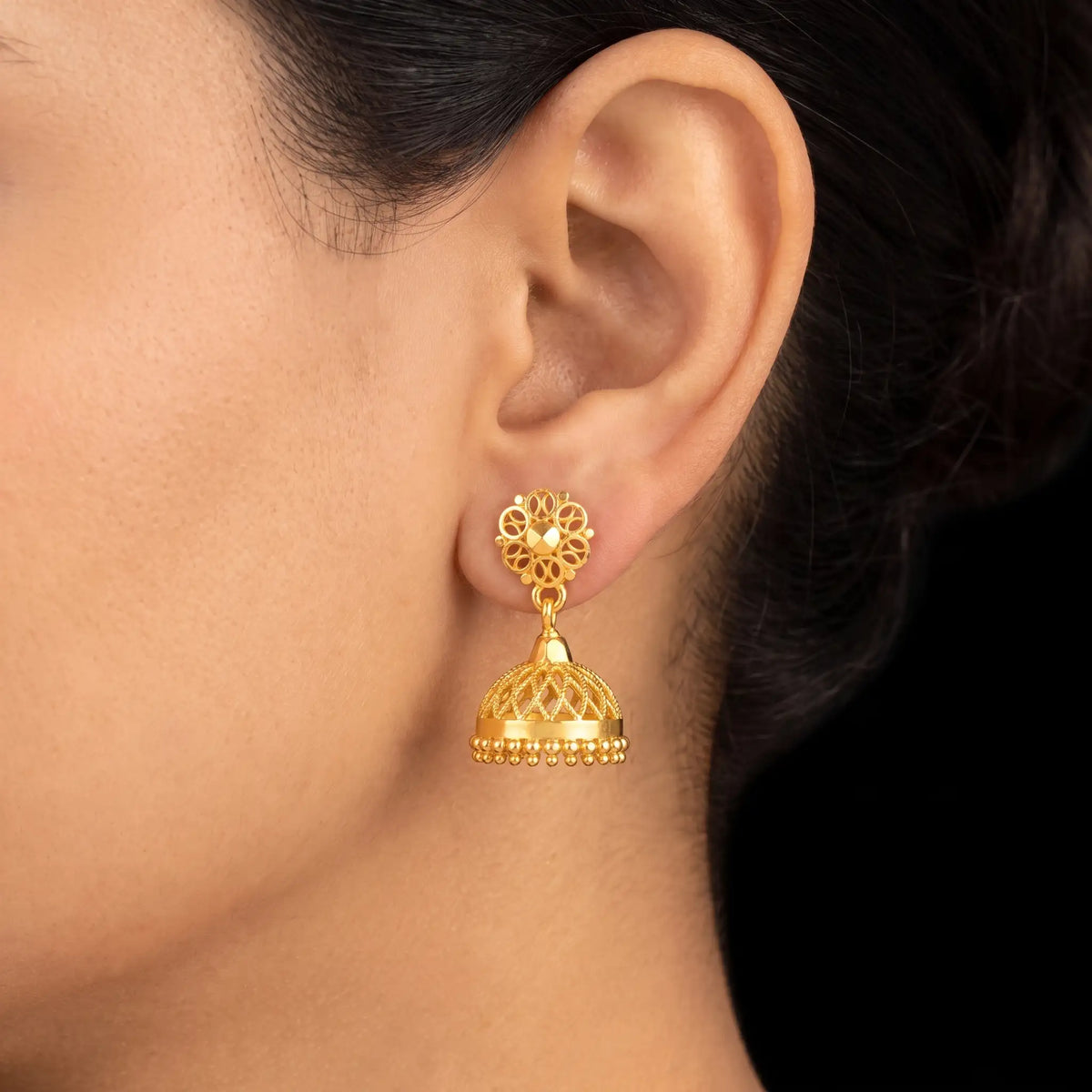 Floret Top Lattice Dome Bead Jhumka Gold Layered