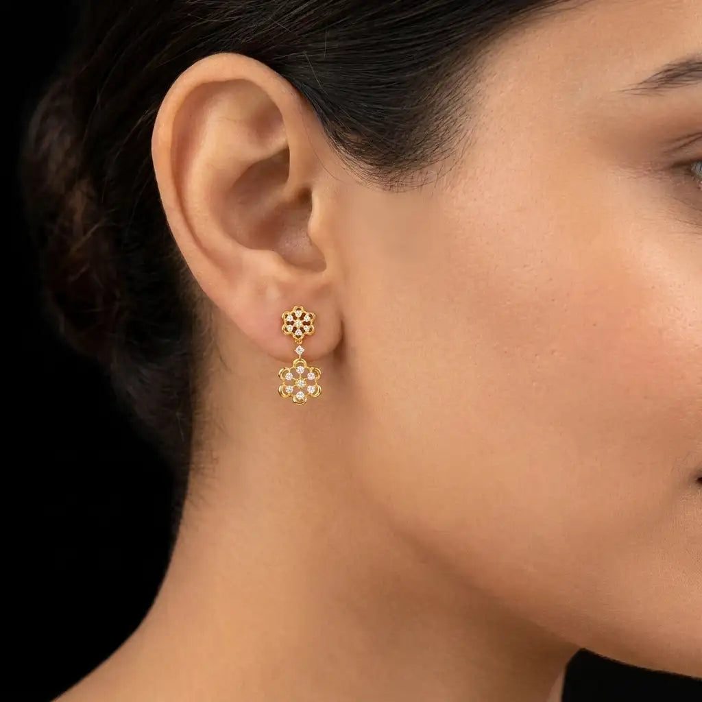 CZ Twin Floret Drop Hanging Stud Gold Layered