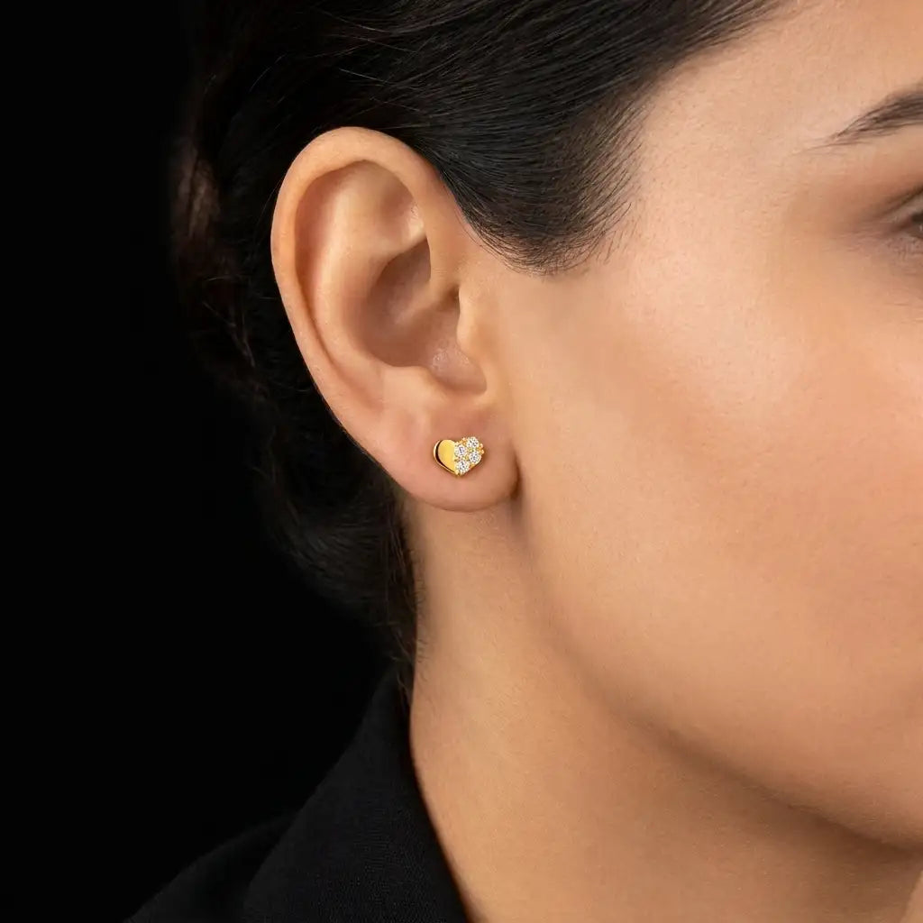 CZ Half Pave Heart Flat Stud Gold Layered
