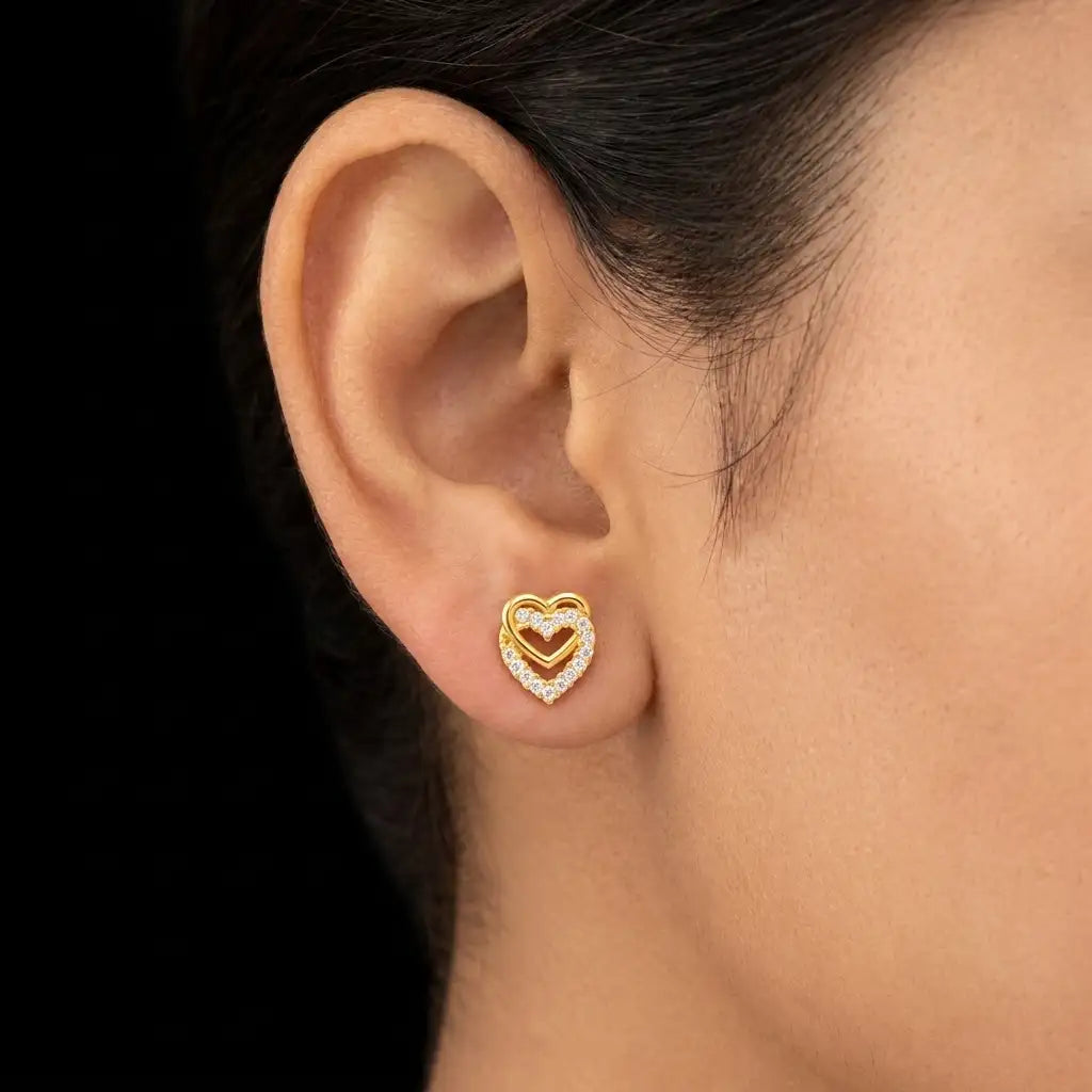 Premium CZ Twin Heart Pave Stud Gold Layered