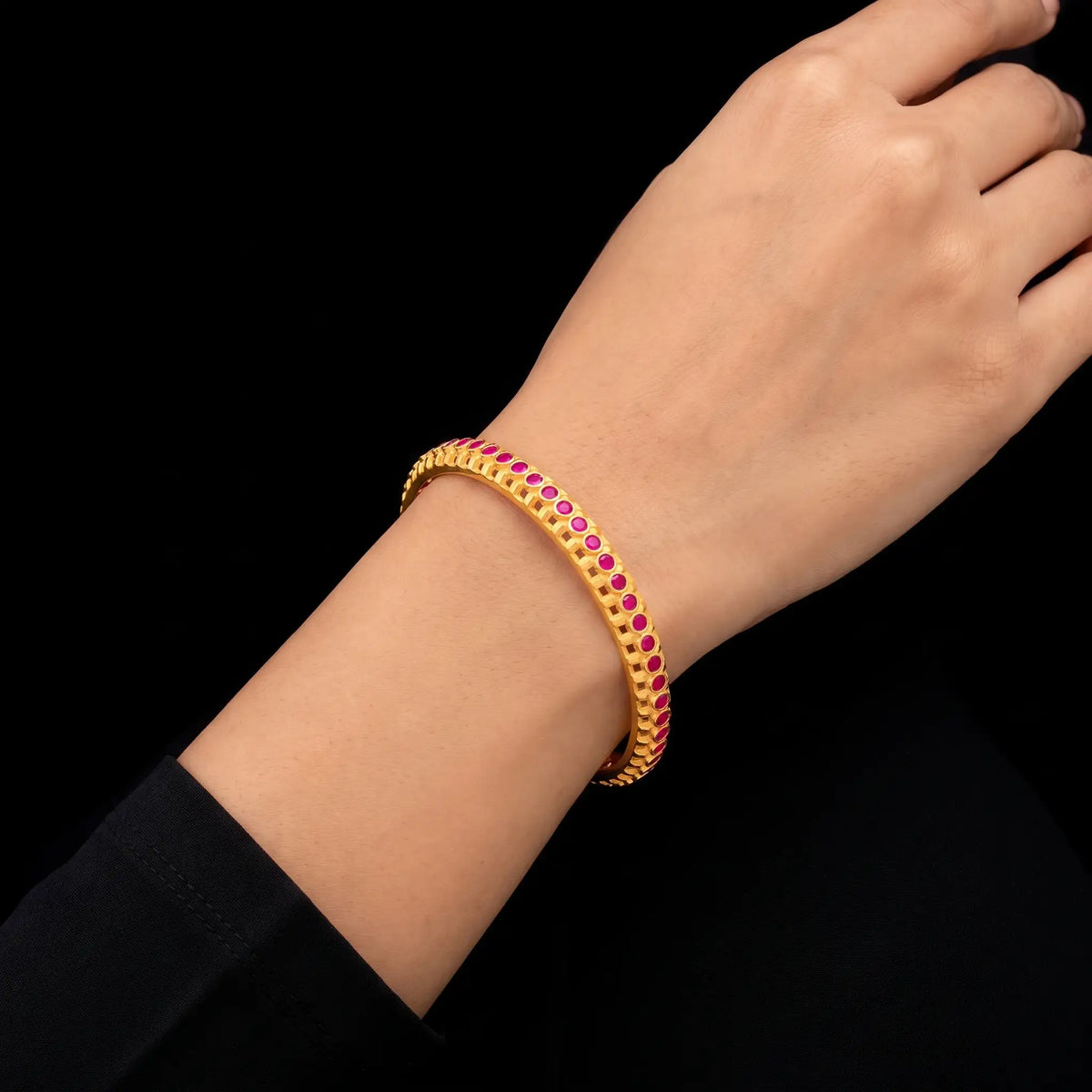 Ruby Colour Bezel Full Stone Bangle Gold Layered