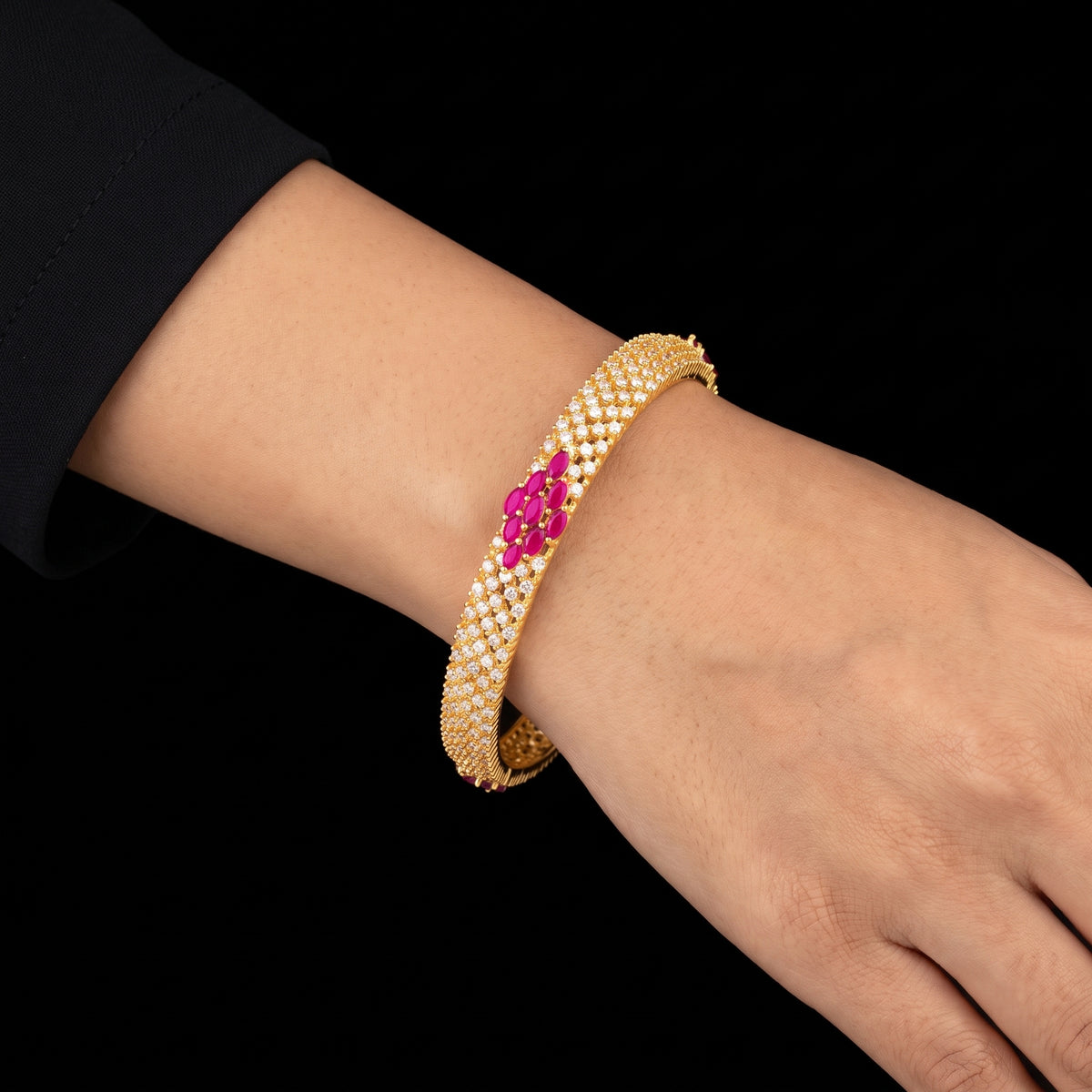 Ruby CZ Pave Bloom Stone Bangle Gold Layered