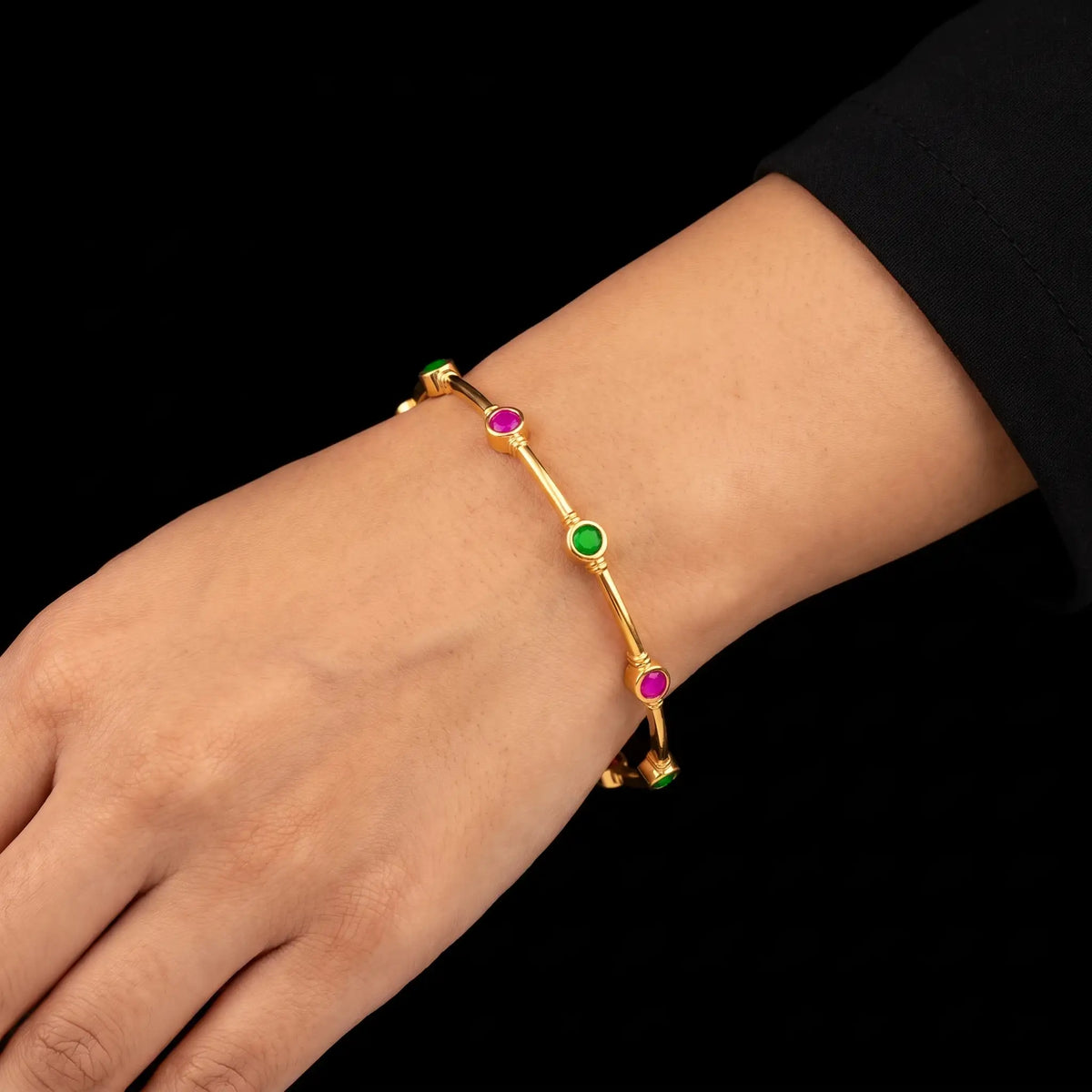 Ruby Emerald Colour Bezel Bar Stone Bangle Gold Layered