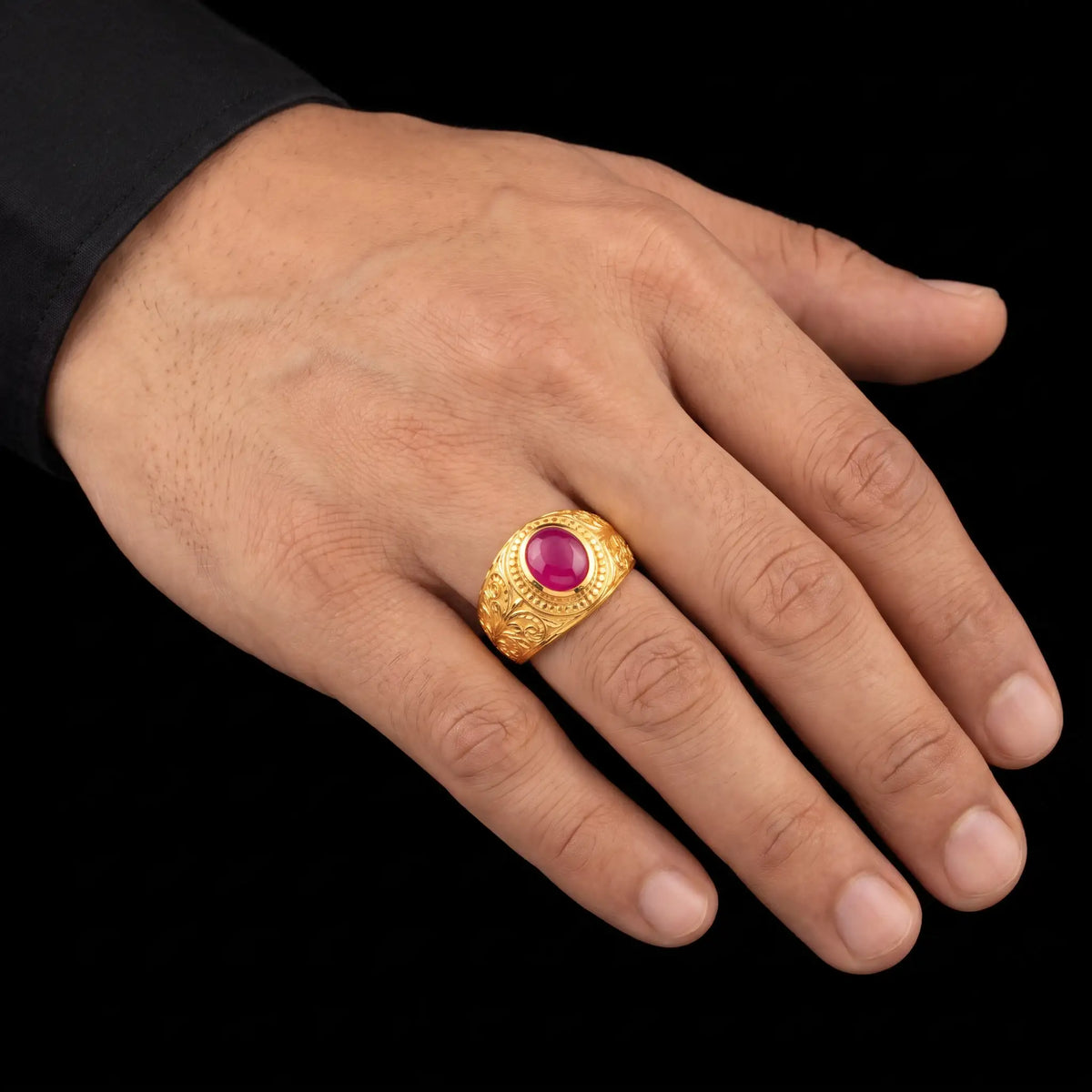 Ruby Colour Oval Solitaire Engraved Gents Ring Gold Layered