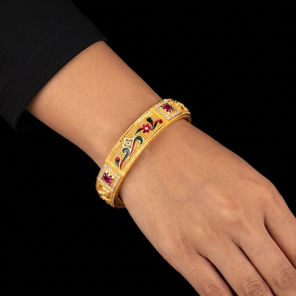 Enamel Vine Bloom CZ Ruby Colour Designer Bangle Gold Layered