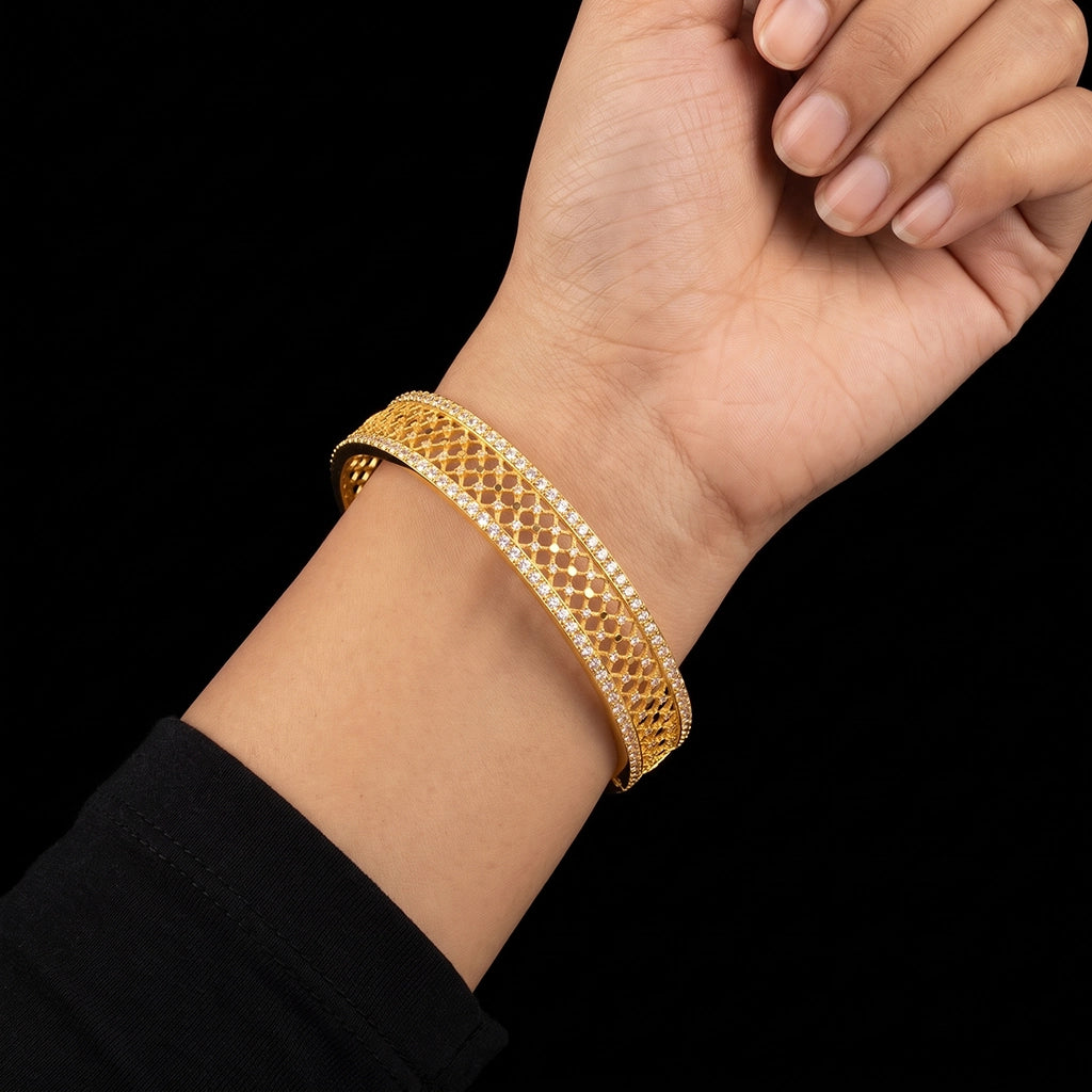 CZ Lattice Jali Broad Kada Bangle Gold Layered