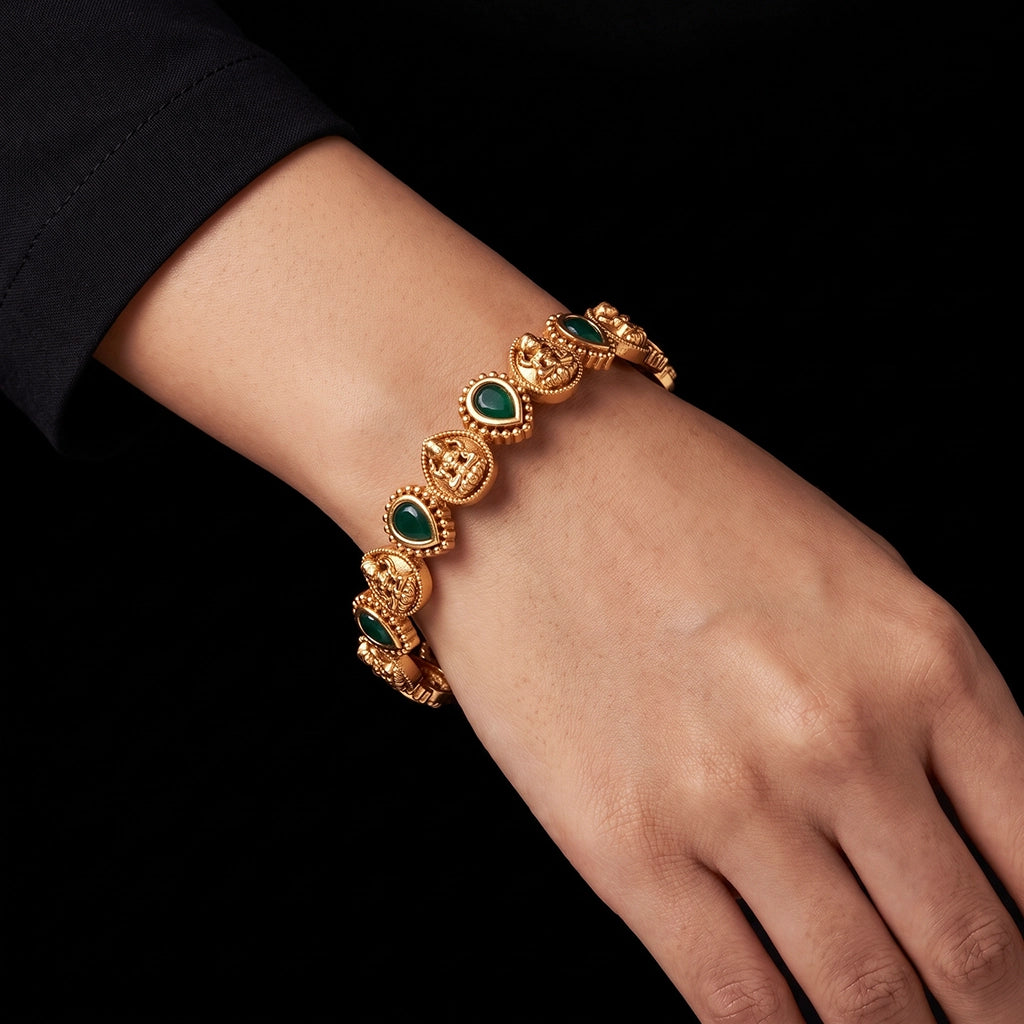 Lakshmi Seated Teardrop Stone Link Bangle Gold Layered