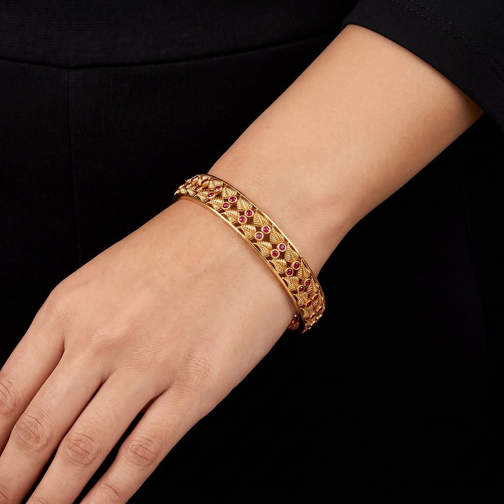 Leaf Row Bezel Stone Bangle Antique Finish