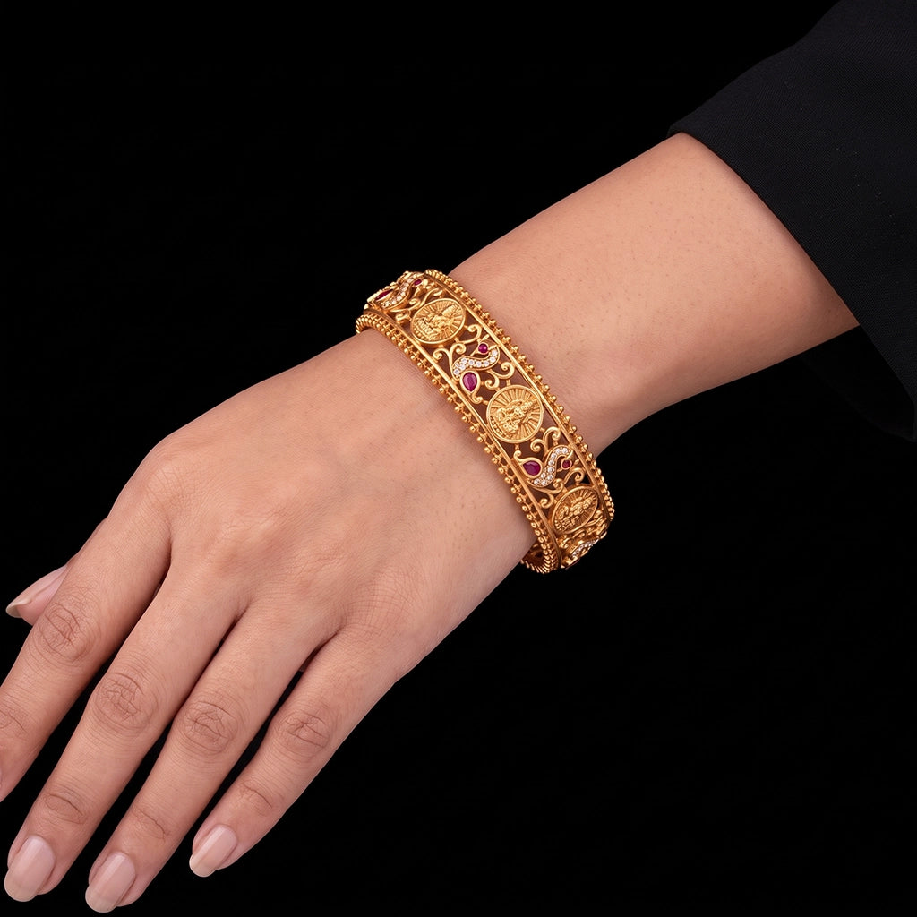 Lakshmi Coin Paisley Lattice Stone Bangle Gold Layered