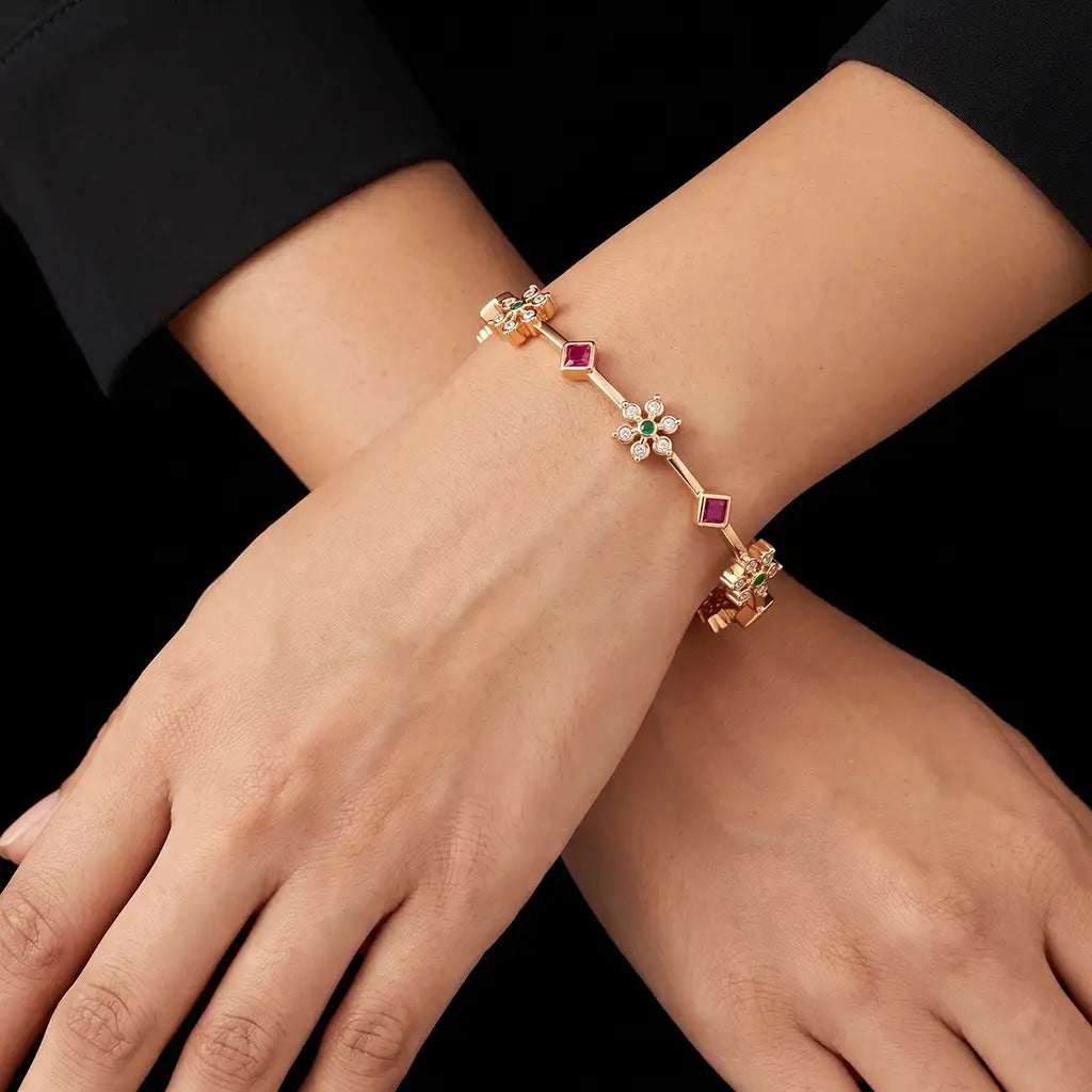 Floral Bezel Square Stone Link Bangle Antique Finish