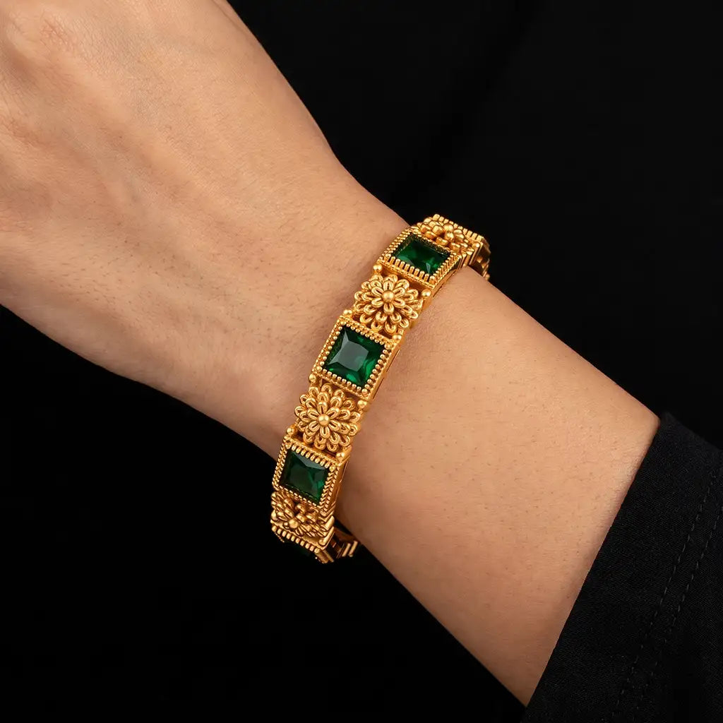 Floral Bezel Square Stone Link Bangle Antique Finish