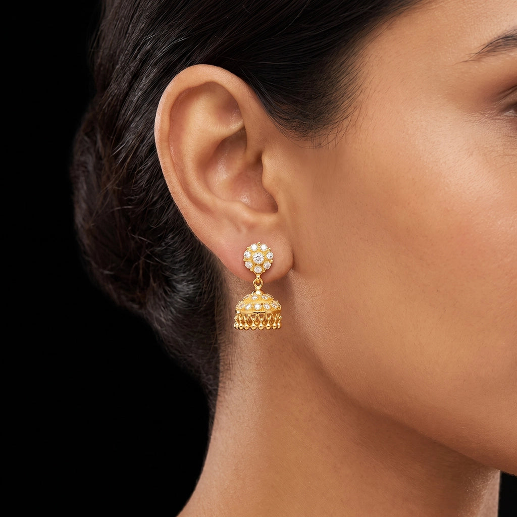 Ruby Stone Floral Bell Jhumka Earrings Gold Layered