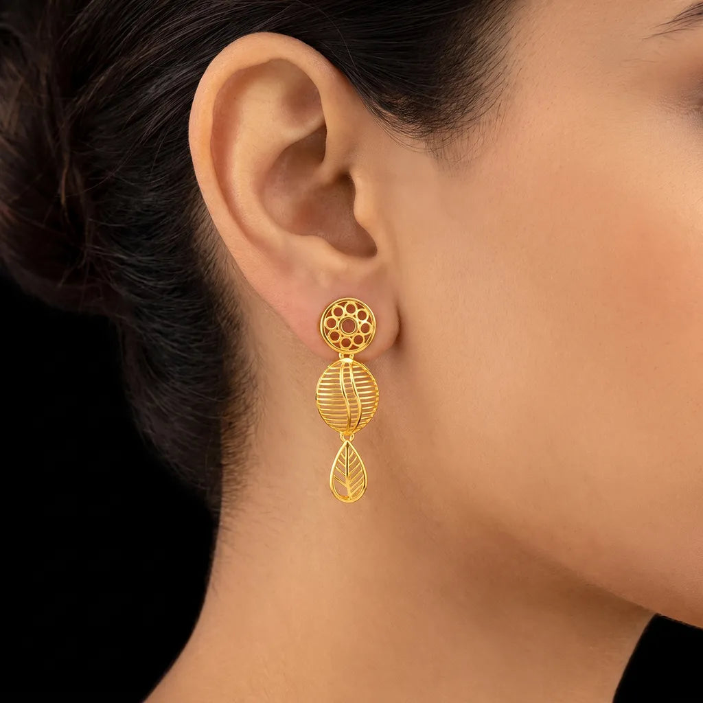 Premium Jali Dome Oval Leaf Drop Hanging Stud Gold Layered