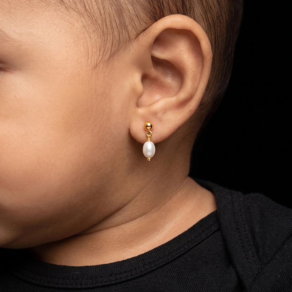 Pearl Oval Drop Baby Hanging Stud Gold Layered