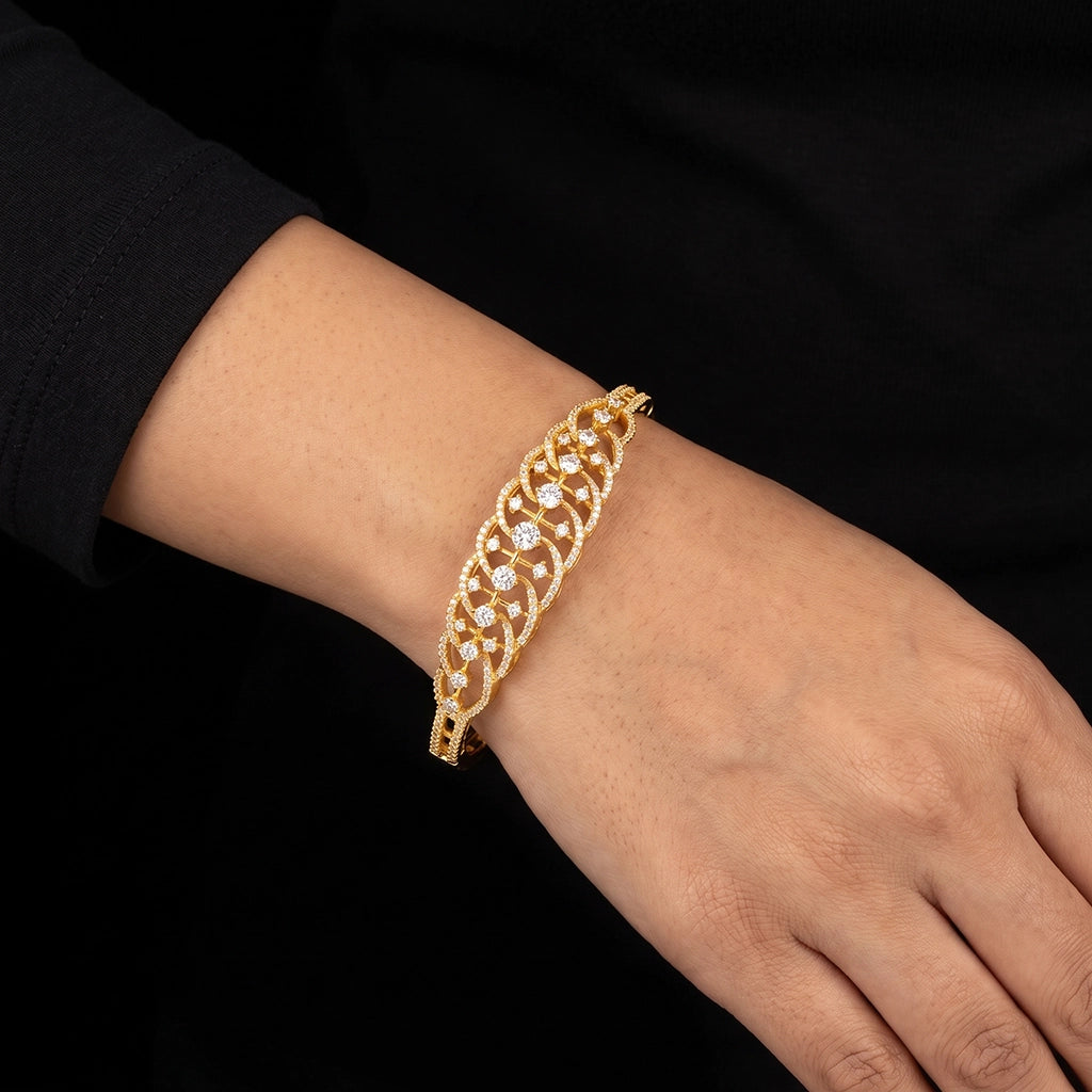 CZ Lattice Leaf Solitaire Openable Bracelet Gold Layered