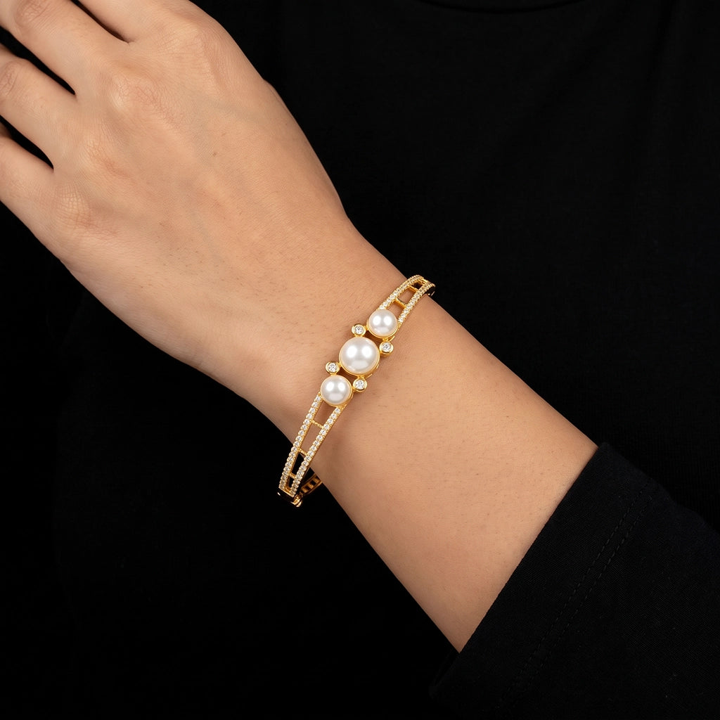 Premium Pearl Triple Bezel CZ Openable Bracelet Gold Layered