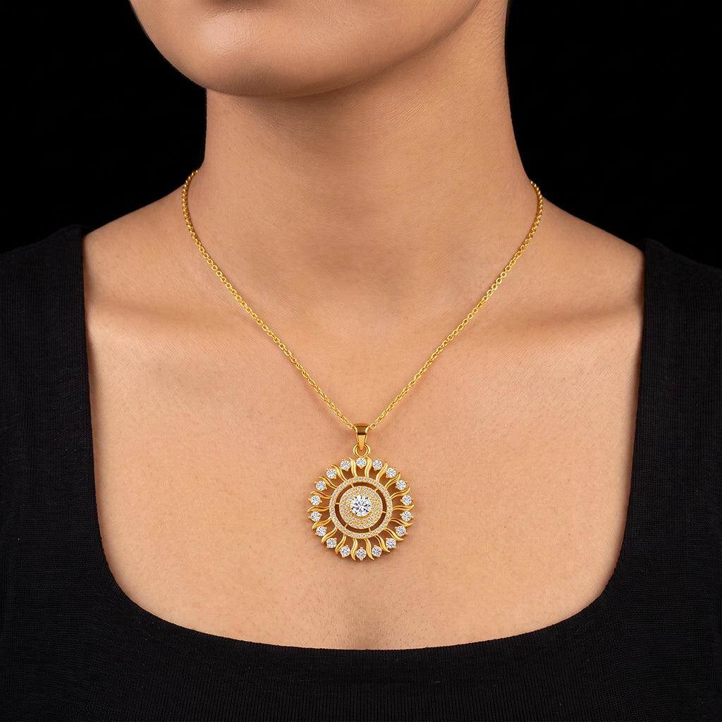 CZ Sun Ray Solitaire Circle Pendant Gold Layered