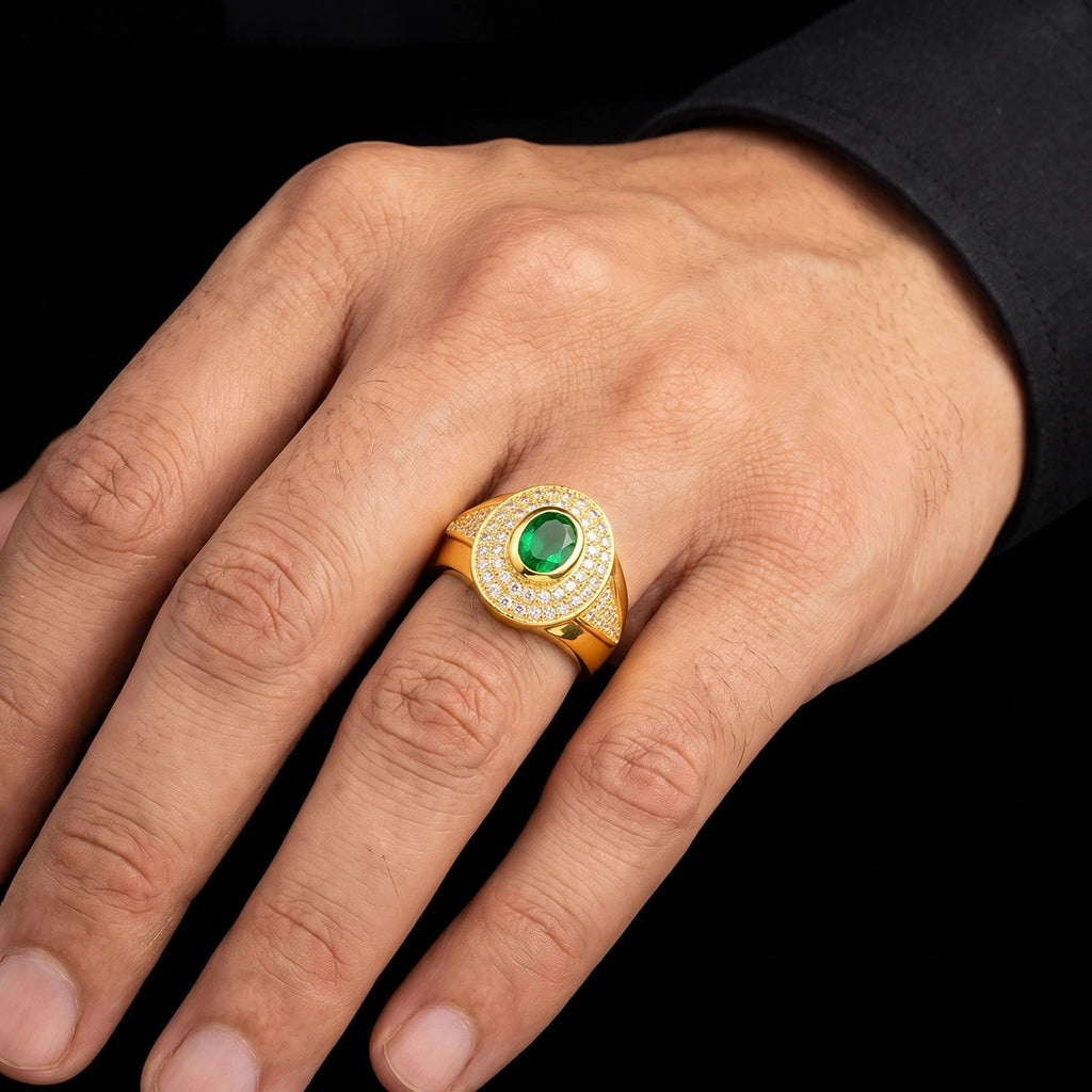 Gents Emerald Colour Oval Pave Signet Ring Gold Layered