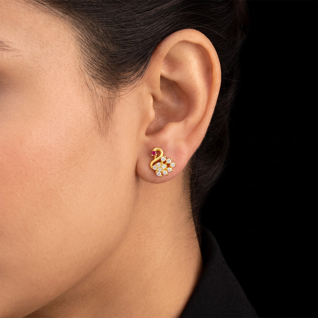 CZ Swan Curl Pave Stone Stud Gold Layered