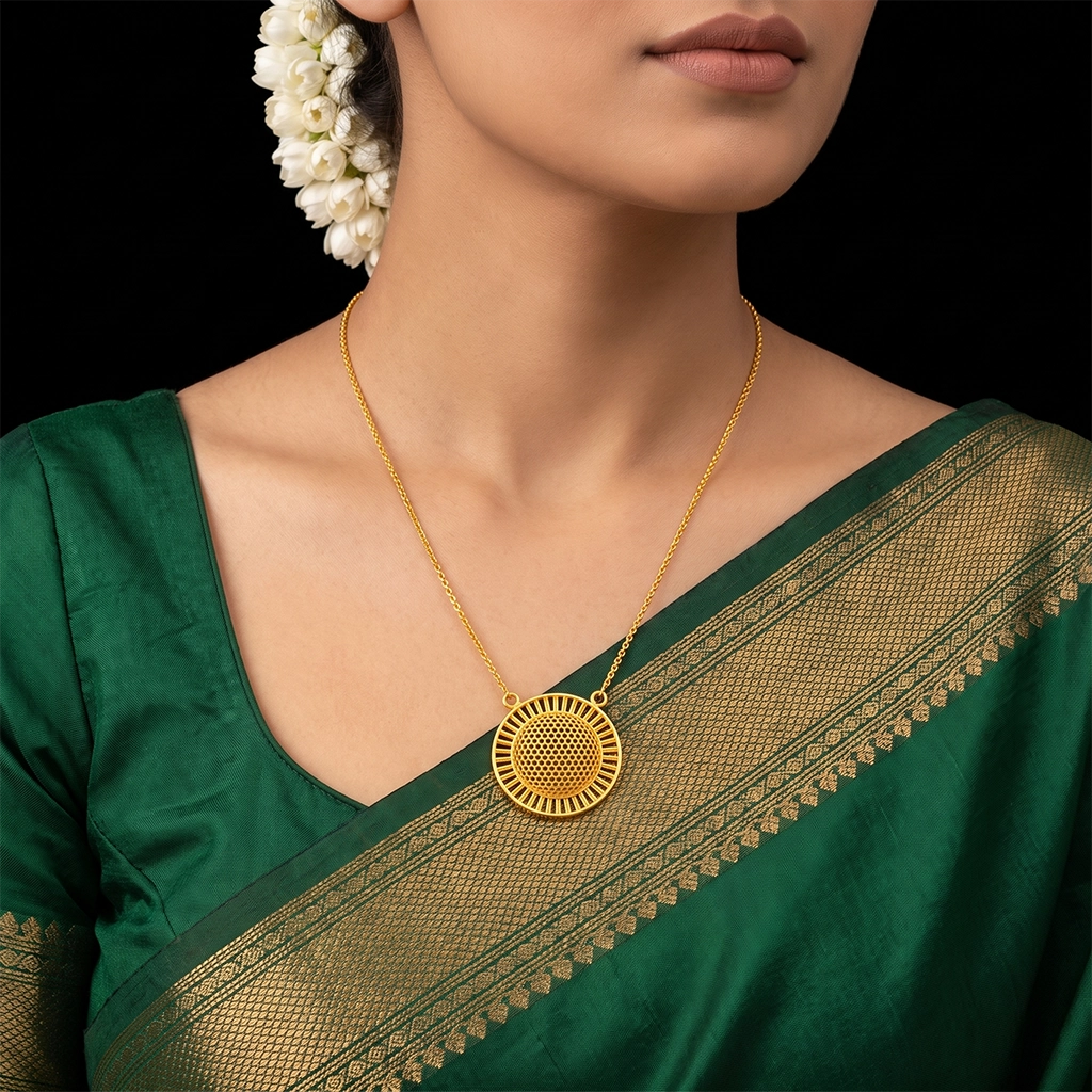 Premium Lattice Dome Sun Disc Pendant Gold Layered