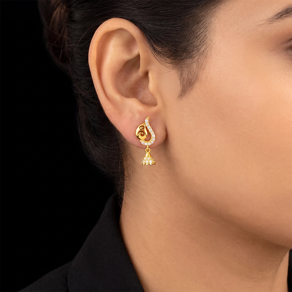 CZ Peacock Curl Drop Hanging Stud Gold Layered