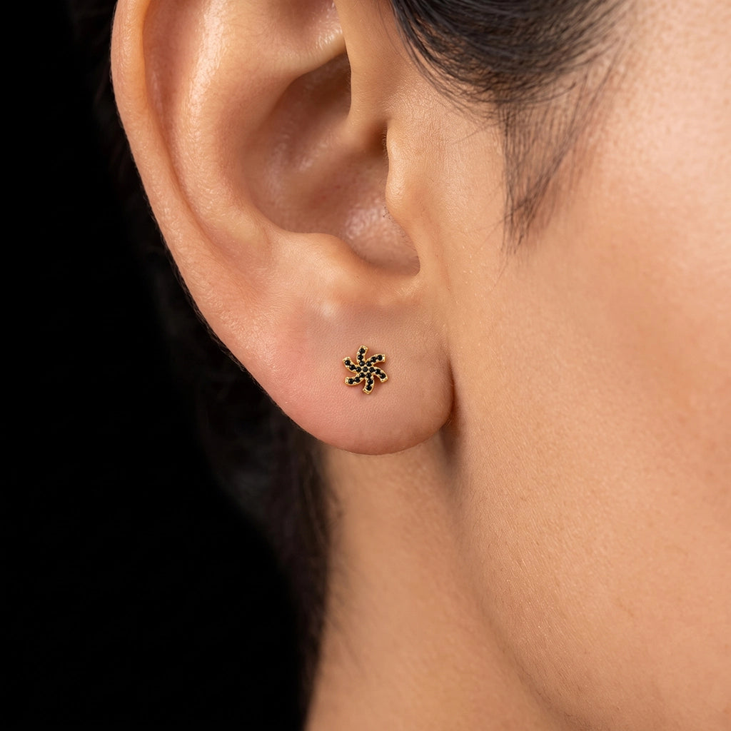 Black CZ Pinwheel Pave Stud Gold Layered