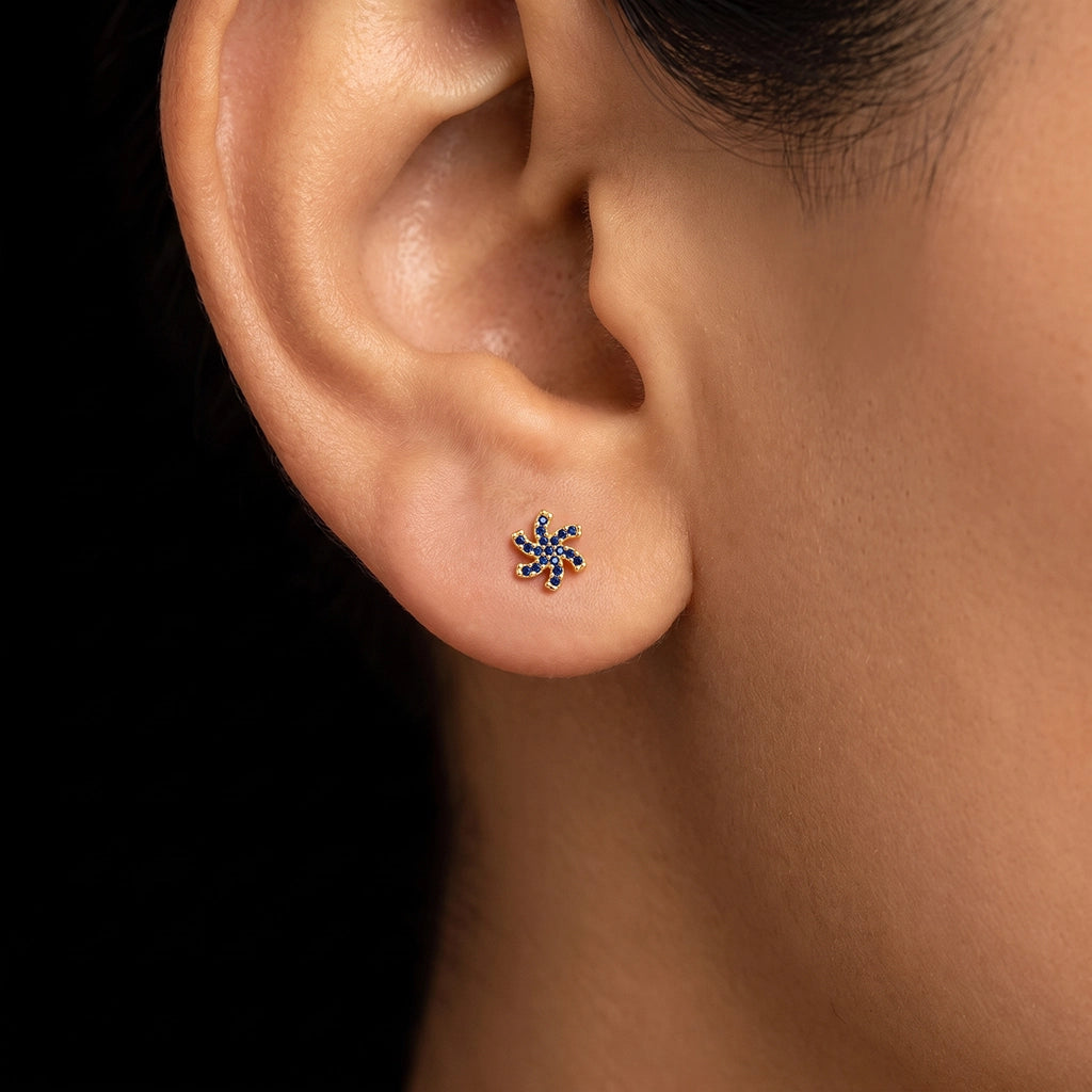 Blue CZ Pinwheel Pave Stud Gold Layered