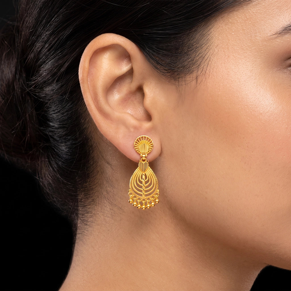 Paisley Jhumka Drop Hanging Stud Gold Layered