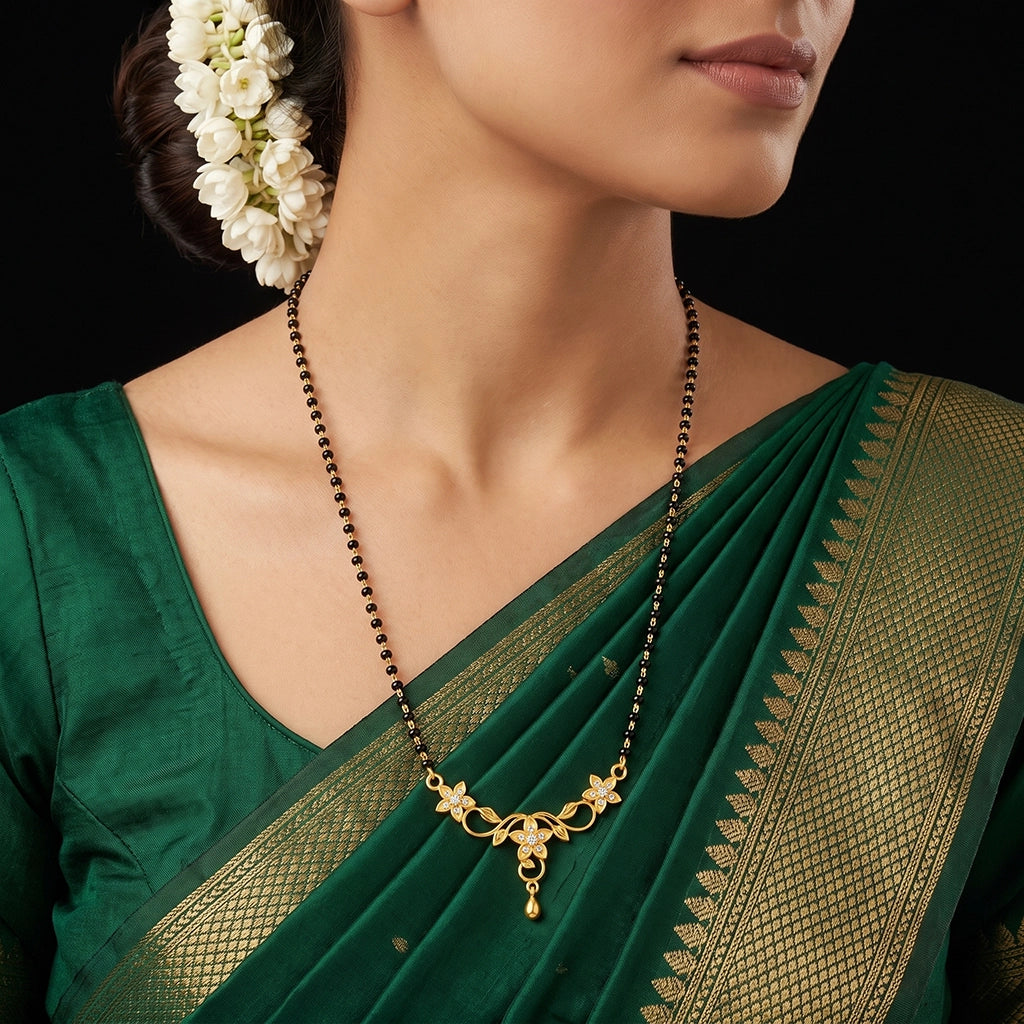 Floral Vine Leaf Drop Black Bead Mangalsutra Pendant with Chain Gold Layered